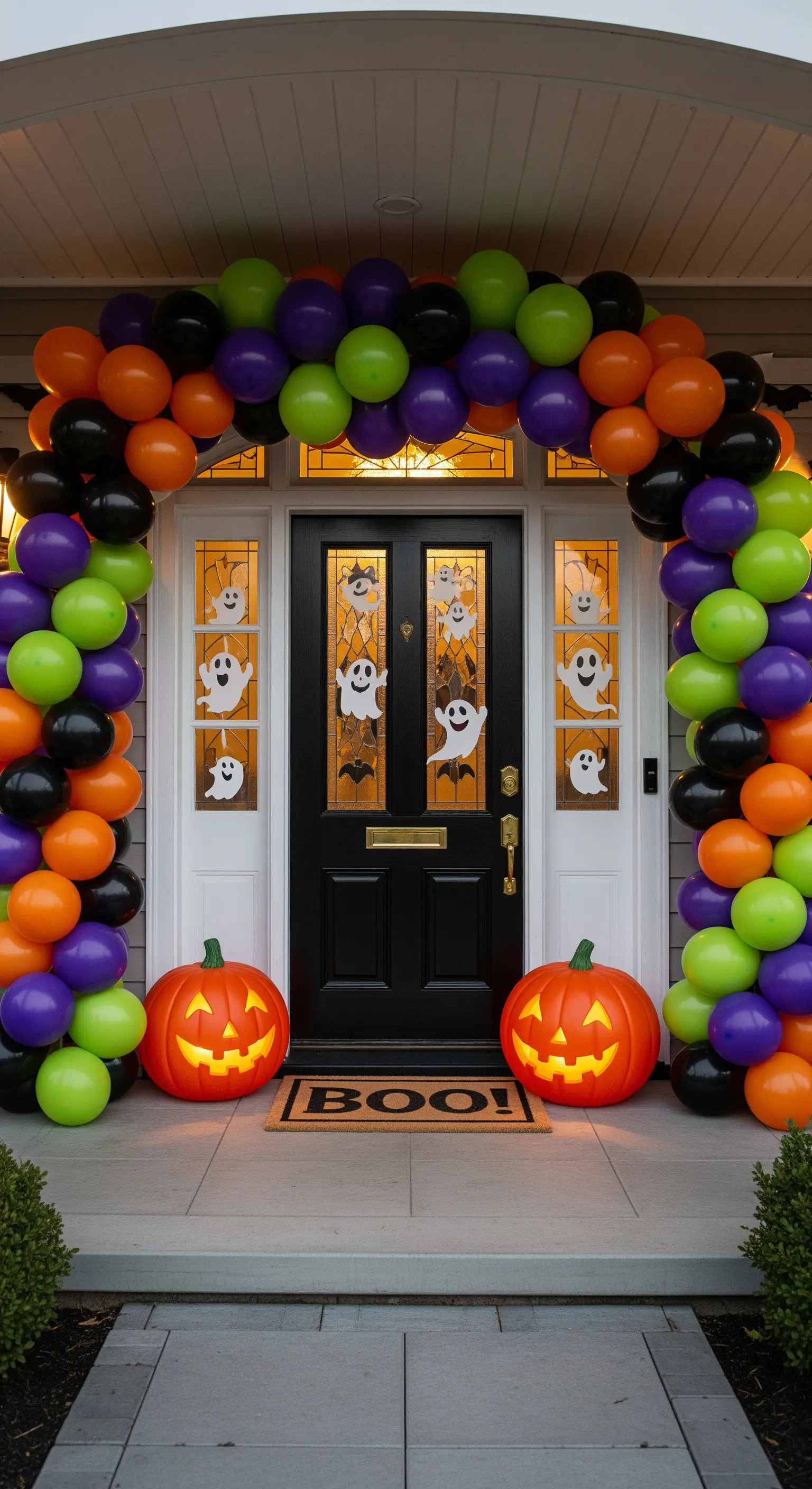 Porta d'ingresso decorata con un arco di palloncini arancioni, viola e verdi e zucche luminose.