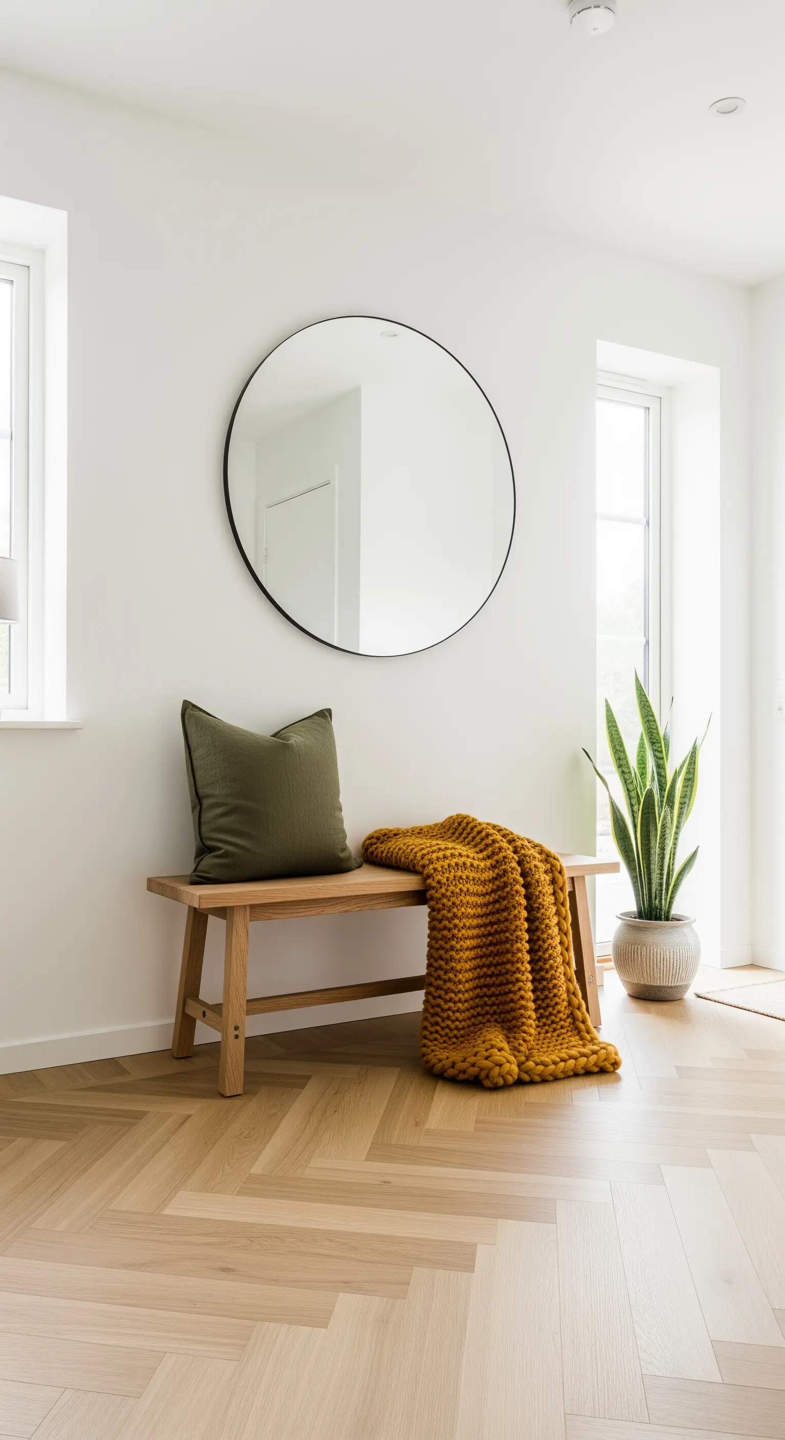 Ingresso minimalista con panca in legno, plaid senape e cuscino verde oliva.