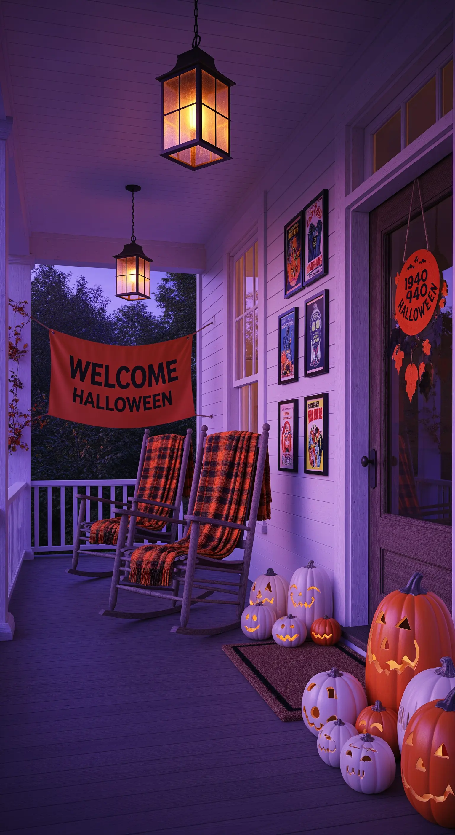 Portico di casa decorato per Halloween con zucche luminose, sedie a dondolo e poster vintage.