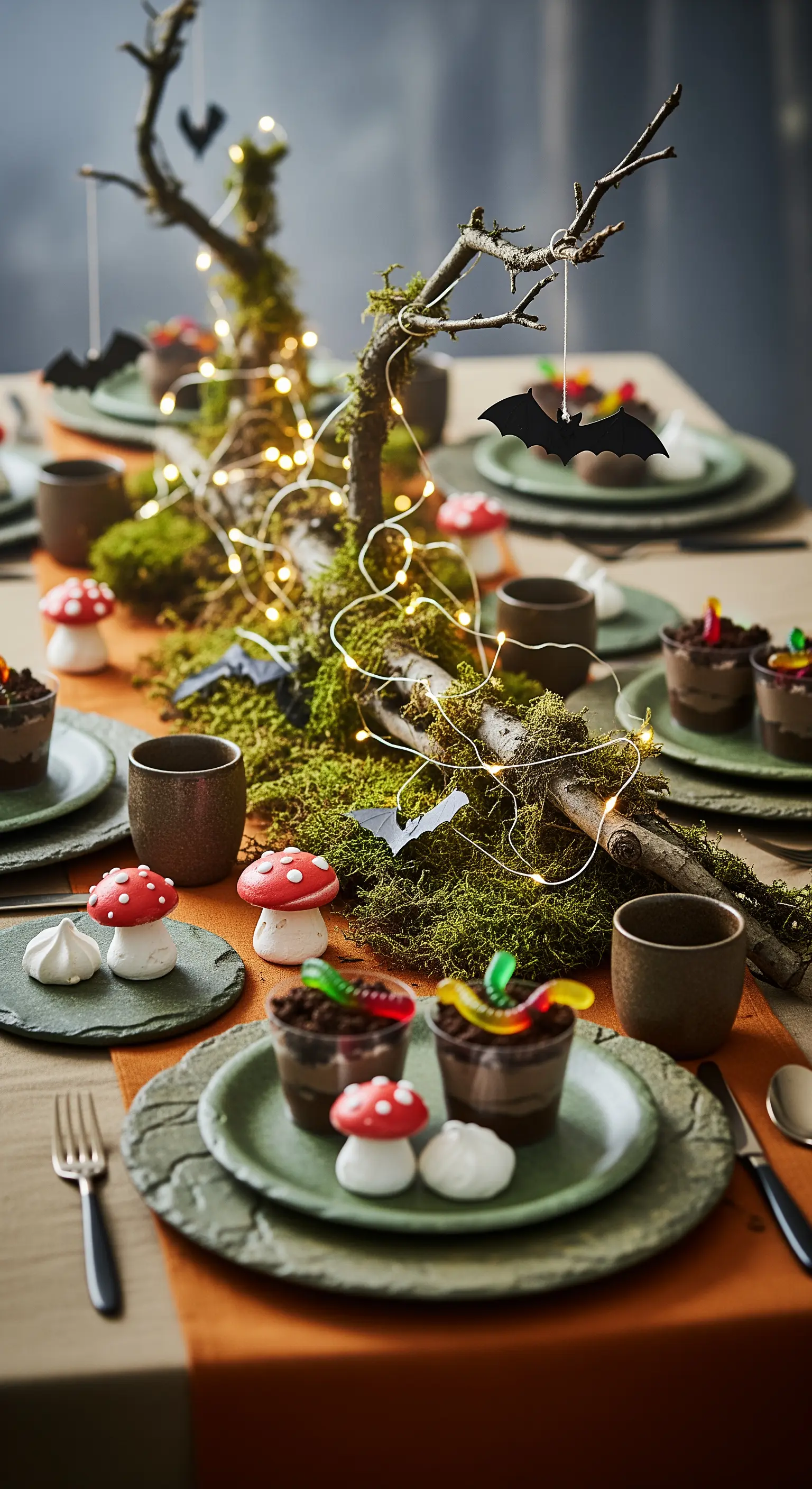 Centrotavola a forma di albero con muschio, lucine e pipistrelli di carta appesi.