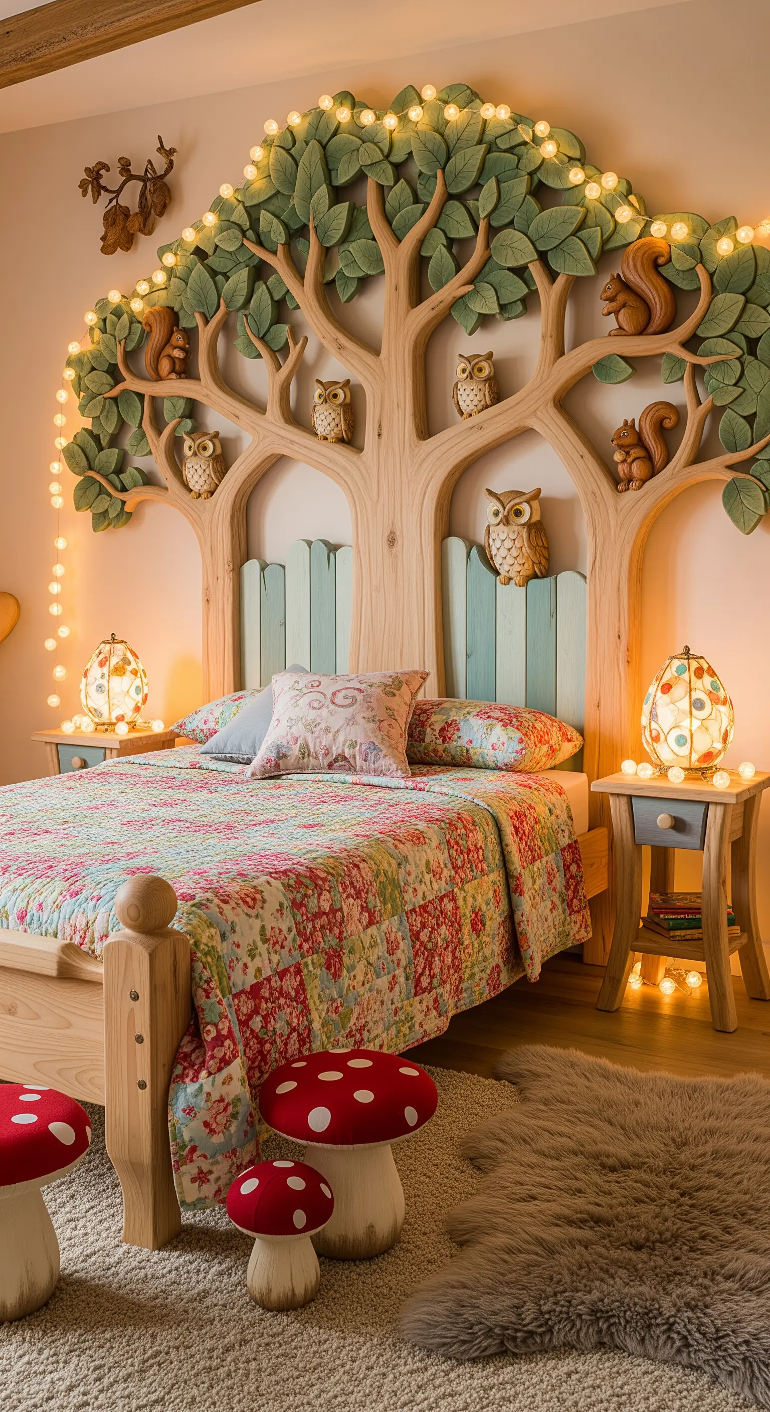 Testiera a forma di albero intagliato con gufi e scoiattoli, decorata con luci a stringa.