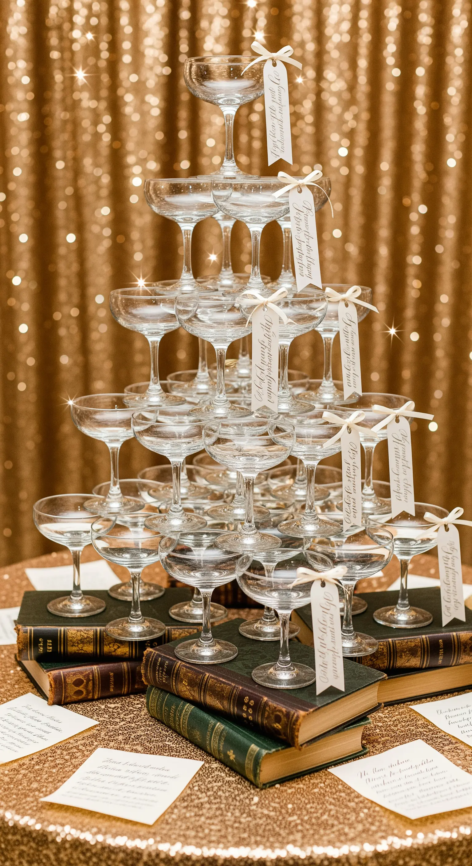 Piramide di coppe da champagne costruita su una base di libri antichi, con sfondo dorato.