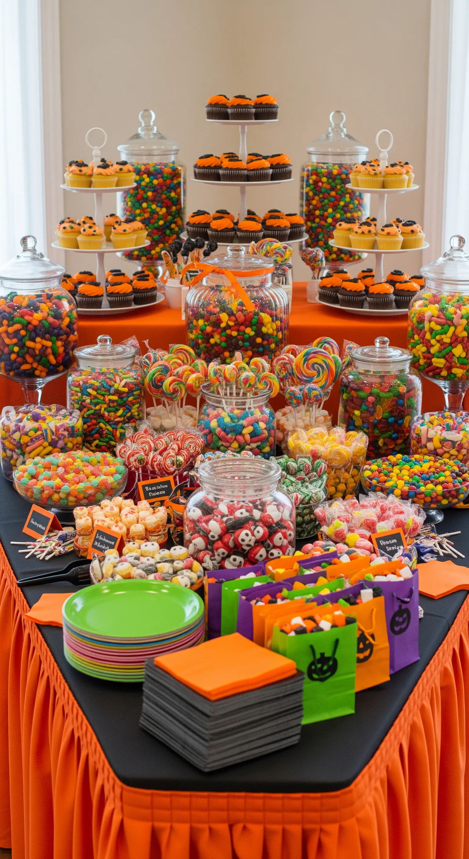 Un ricco candy bar di Halloween con barattoli di vetro pieni di caramelle colorate.