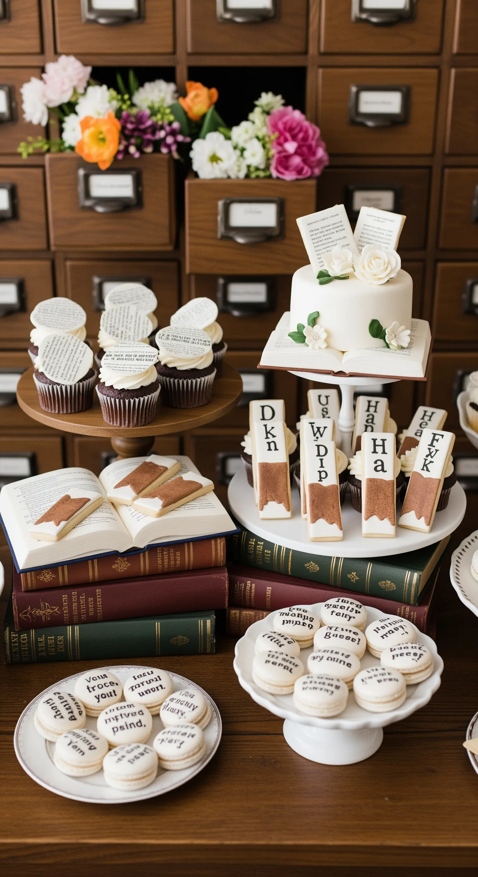 Tavolo dei dolci a tema libri con cupcake, biscotti e una piccola torta a forma di libro.