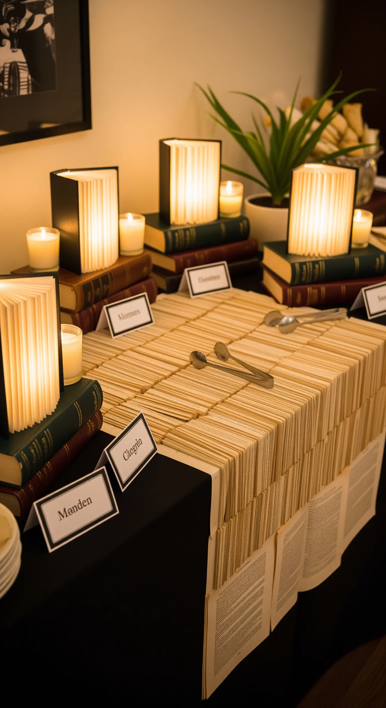 Runner per buffet creato con le pagine di libri aperti e illuminato da lampade a libro.