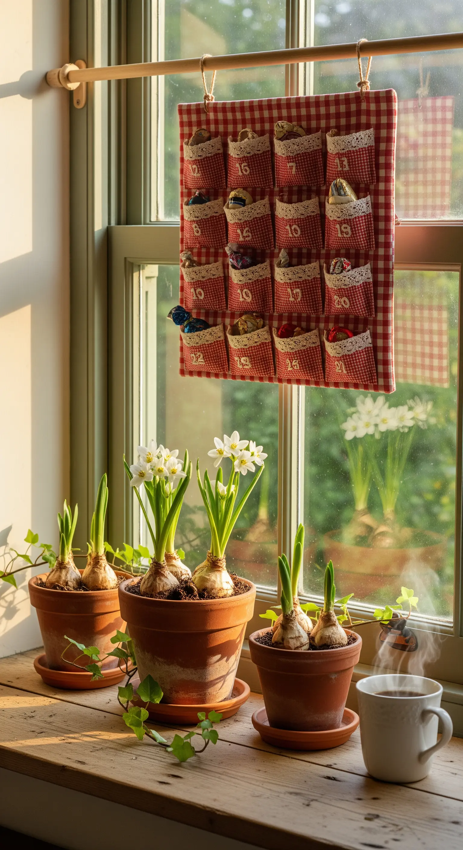 Calendario dell'Avvento in tessuto a quadretti appeso alla finestra, con bulbi in fiore.