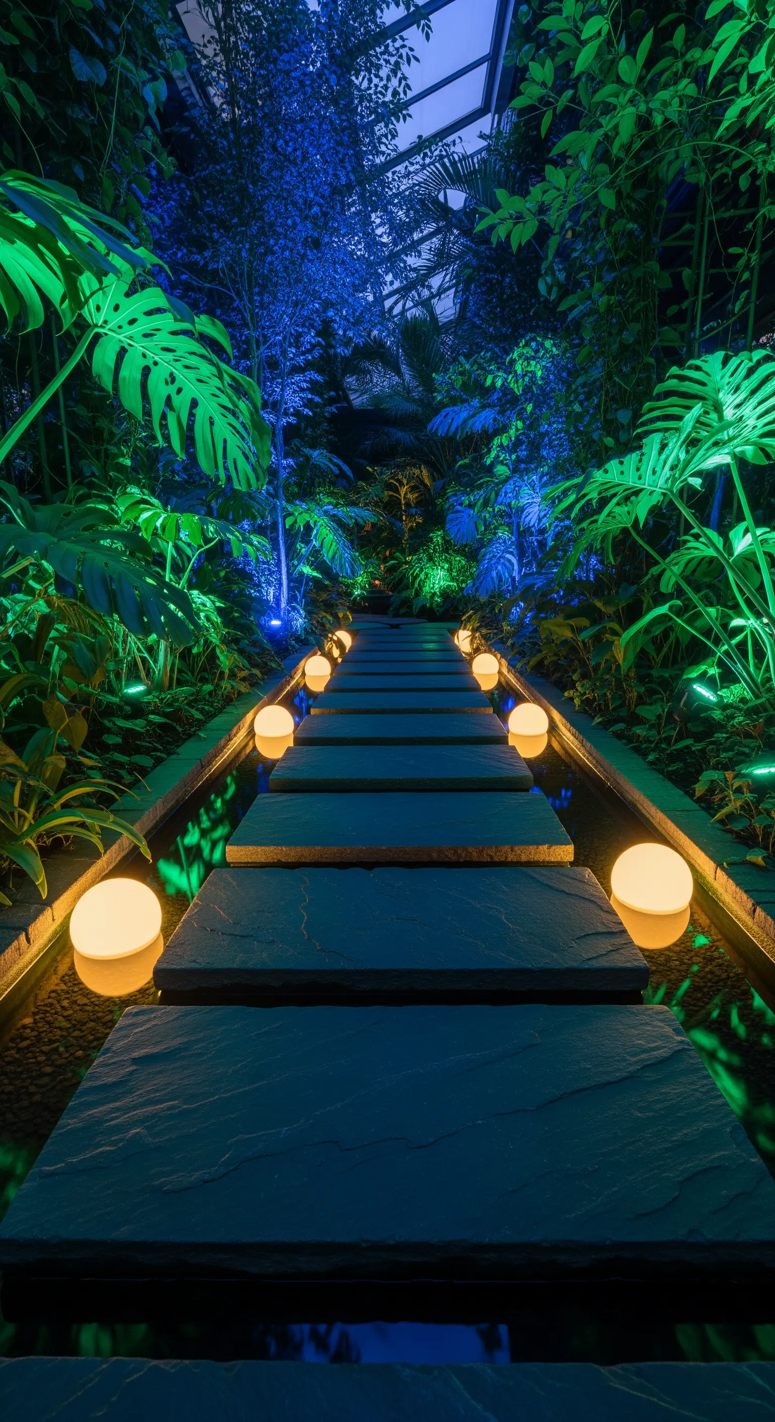 Sentiero di lastre di pietra sull'acqua in una serra, illuminato da sfere e luci blu.