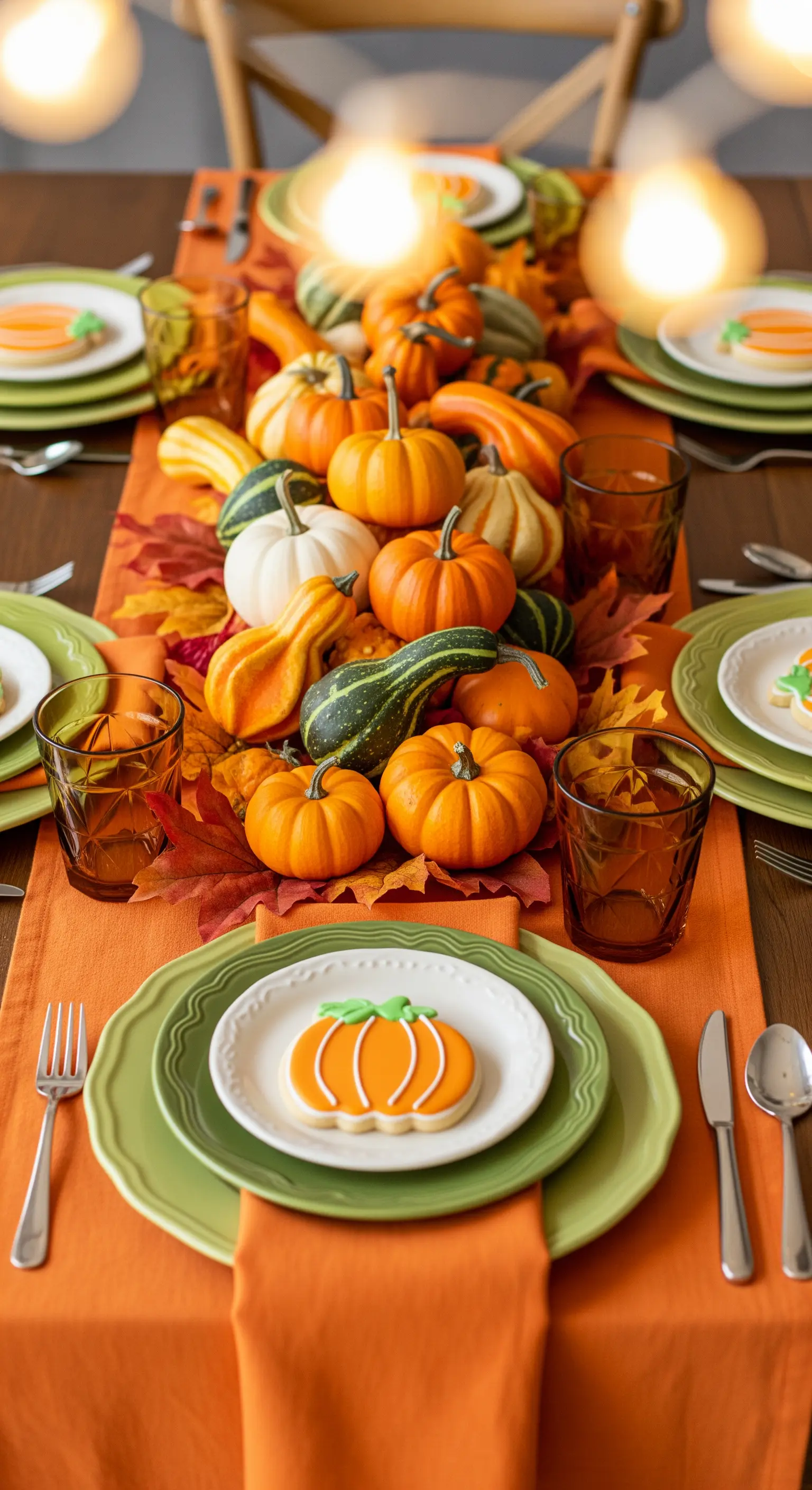Centrotavola con un runner arancione e una cascata di piccole zucche decorative colorate.