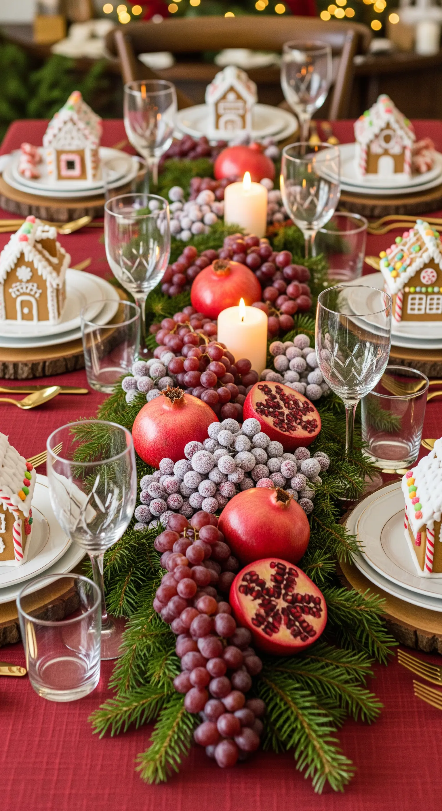 Centrotavola con pino, melograni, uva brinata e casette di pan di zenzero.