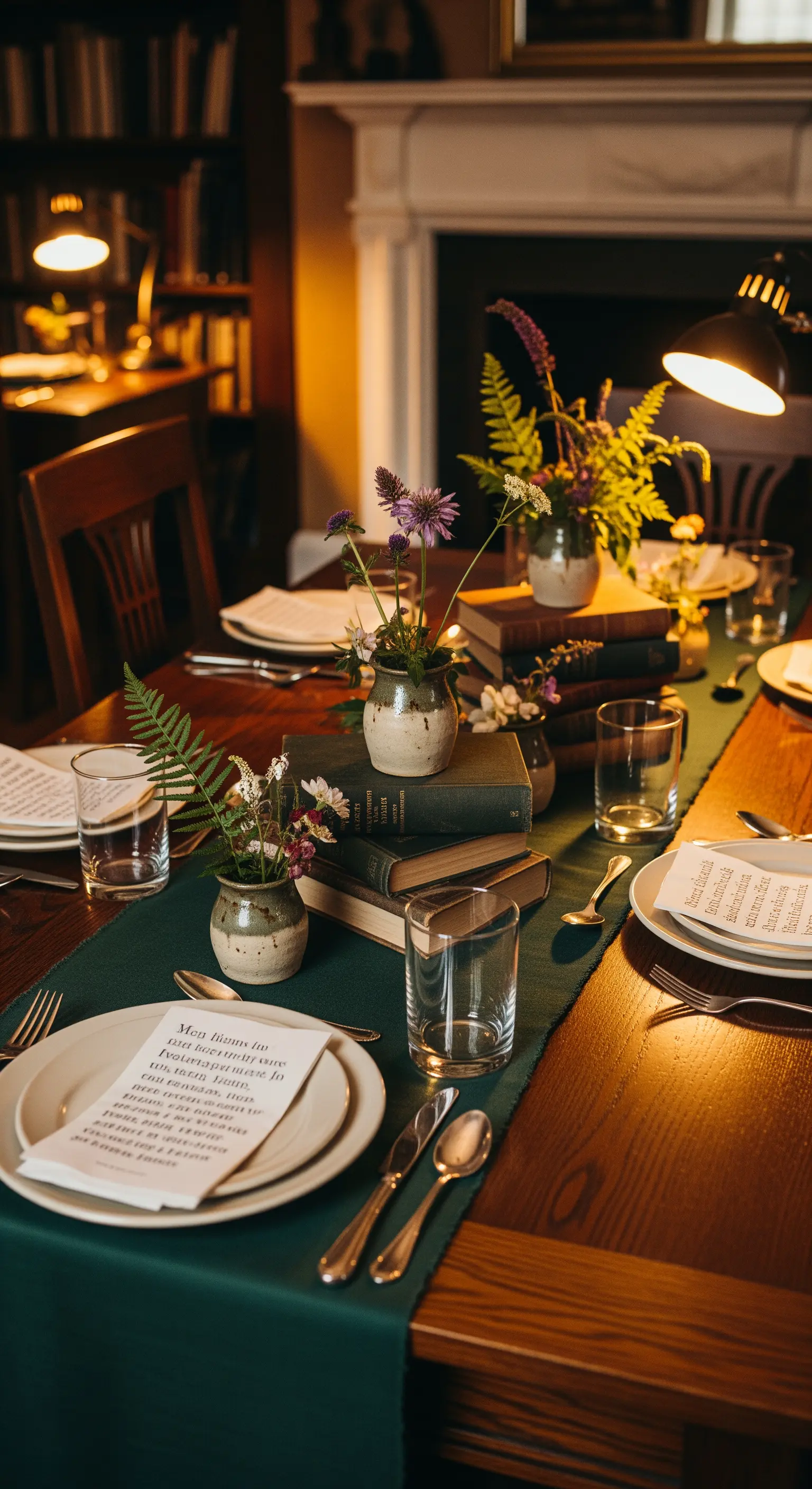 Tavola in una libreria con runner verde e centrotavola di fiori posti su pile di libri antichi.