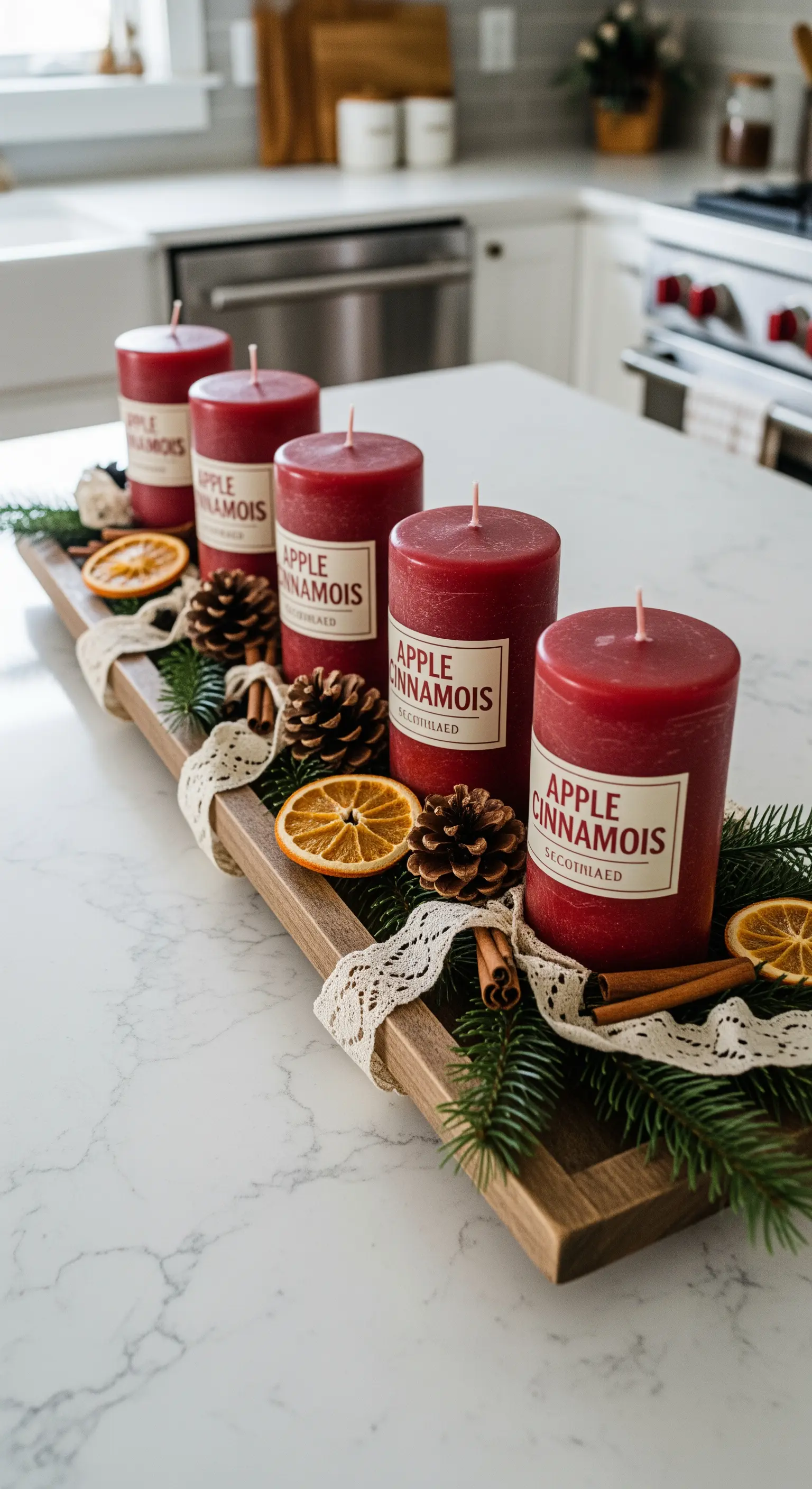 Centrotavola su un'isola di cucina con candele rosse, pigne, arance secche e pizzo.