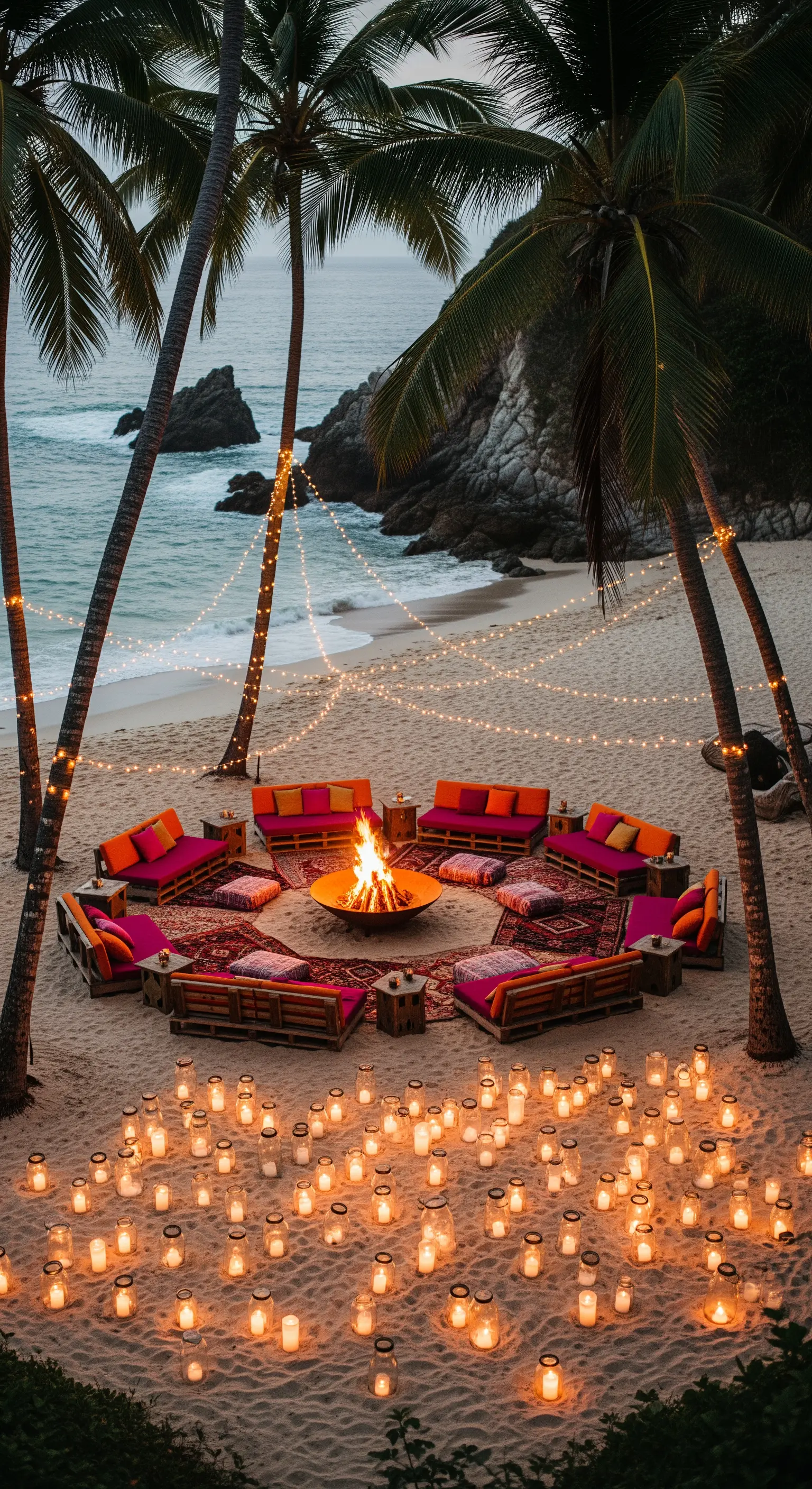 Falò sulla sabbia circondato da divani colorati e centinaia di lanterne accese.