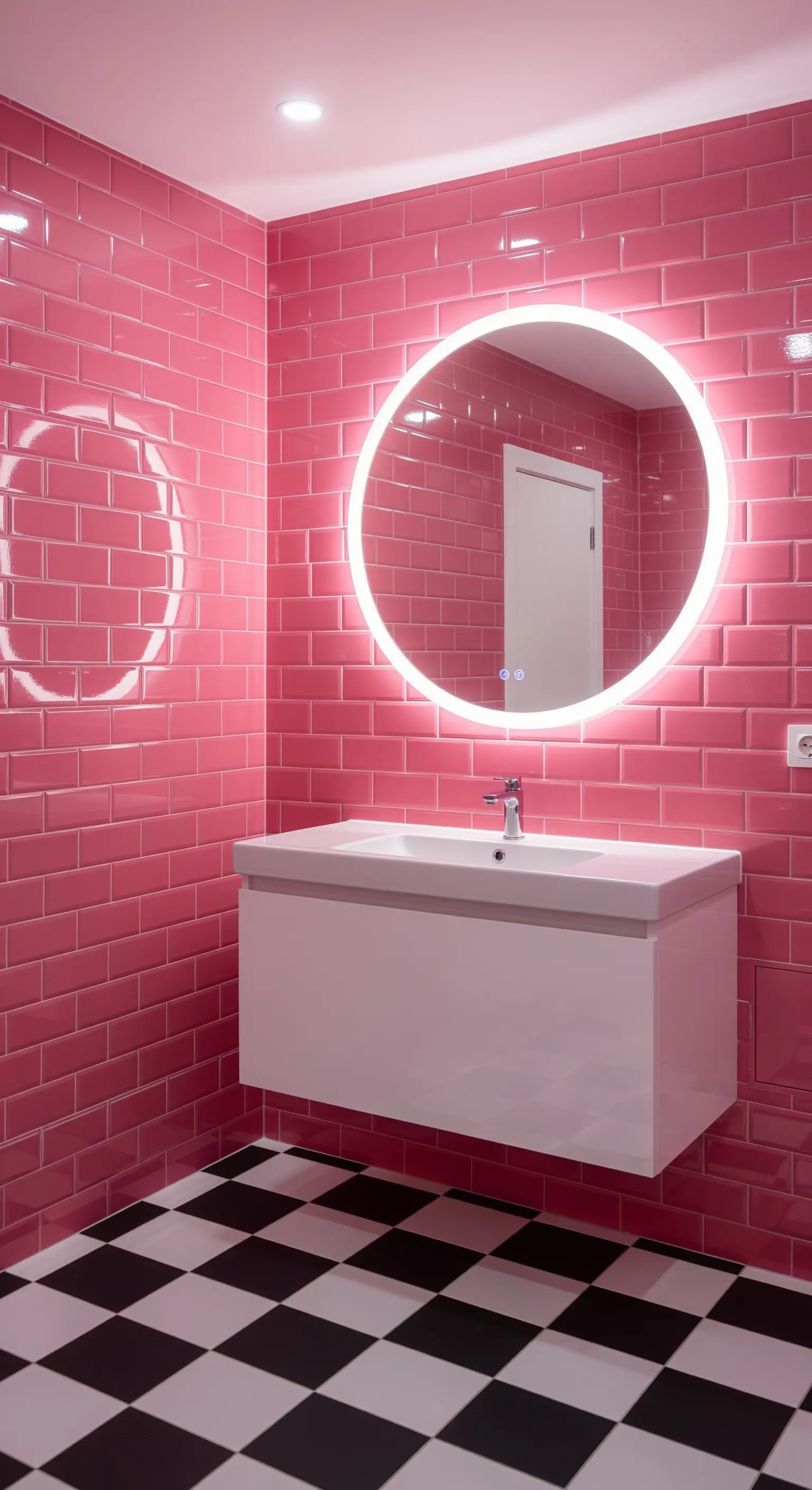 Specchio rotondo retroilluminato in un bagno con piastrelle rosa lucide.