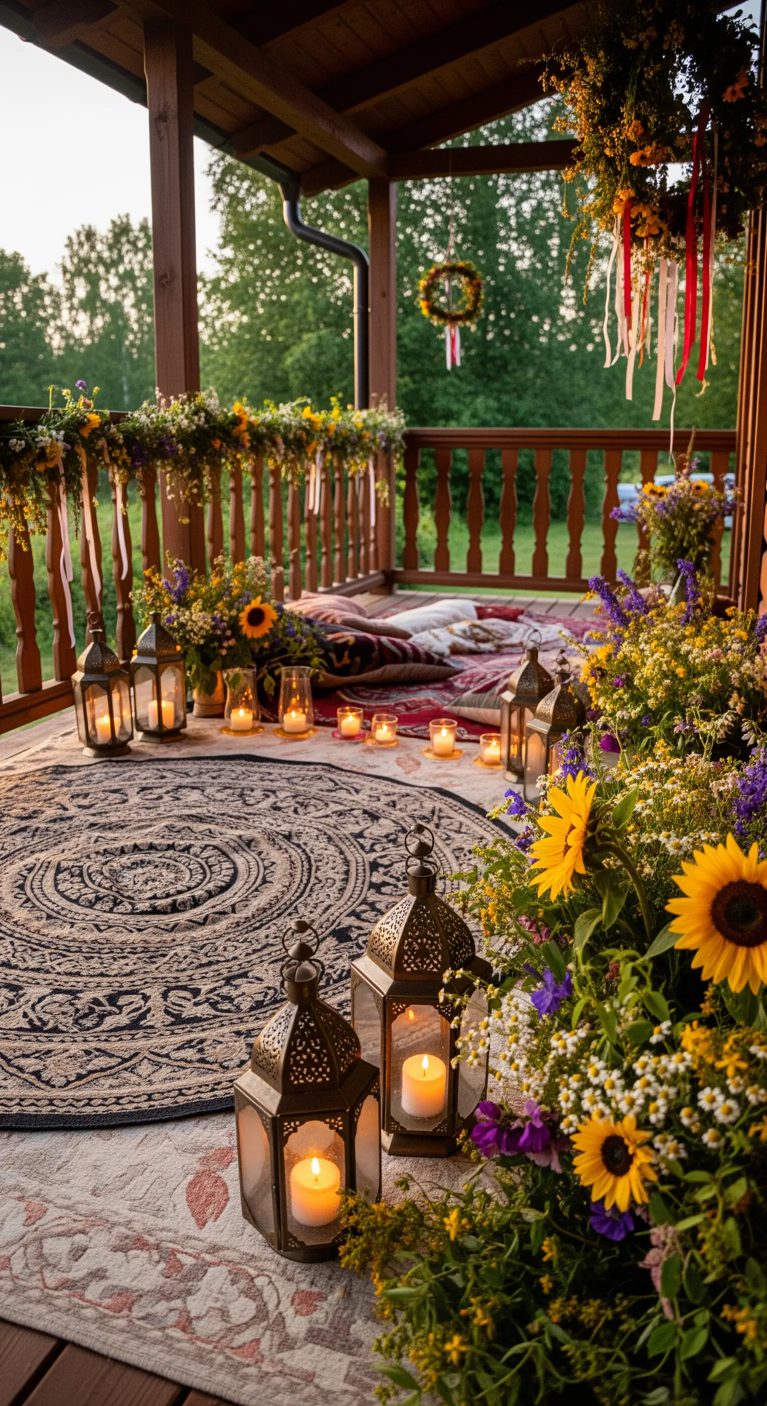 Portico di sera con un grande tappeto rotondo, cuscini a terra e un cerchio di lanterne accese.