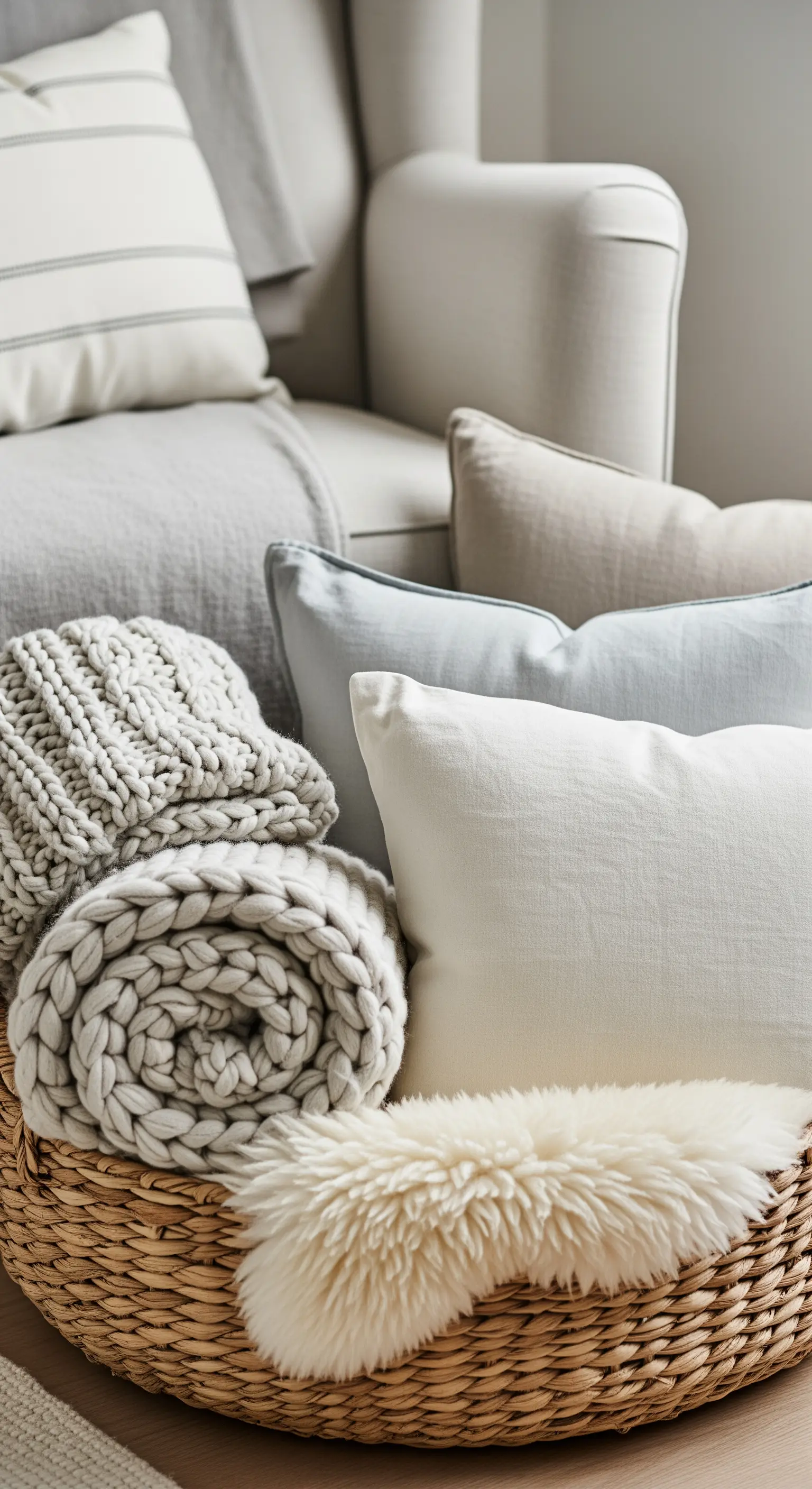 Cesto di vimini pieno di coperte a maglia, cuscini in lino e una pelle di pecora.