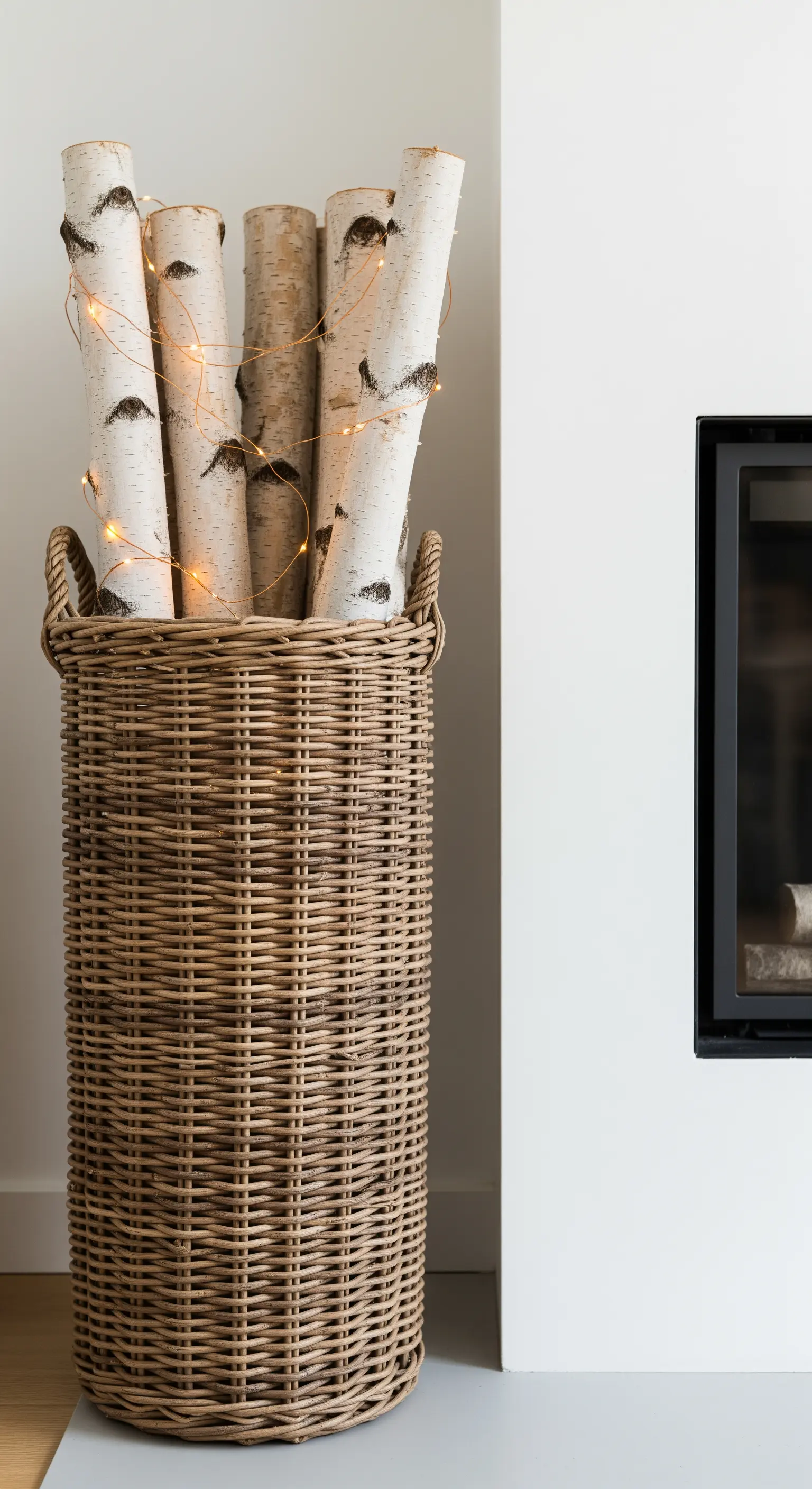 Cesto di vimini pieno di tronchi di betulla e avvolto da lucine a LED.