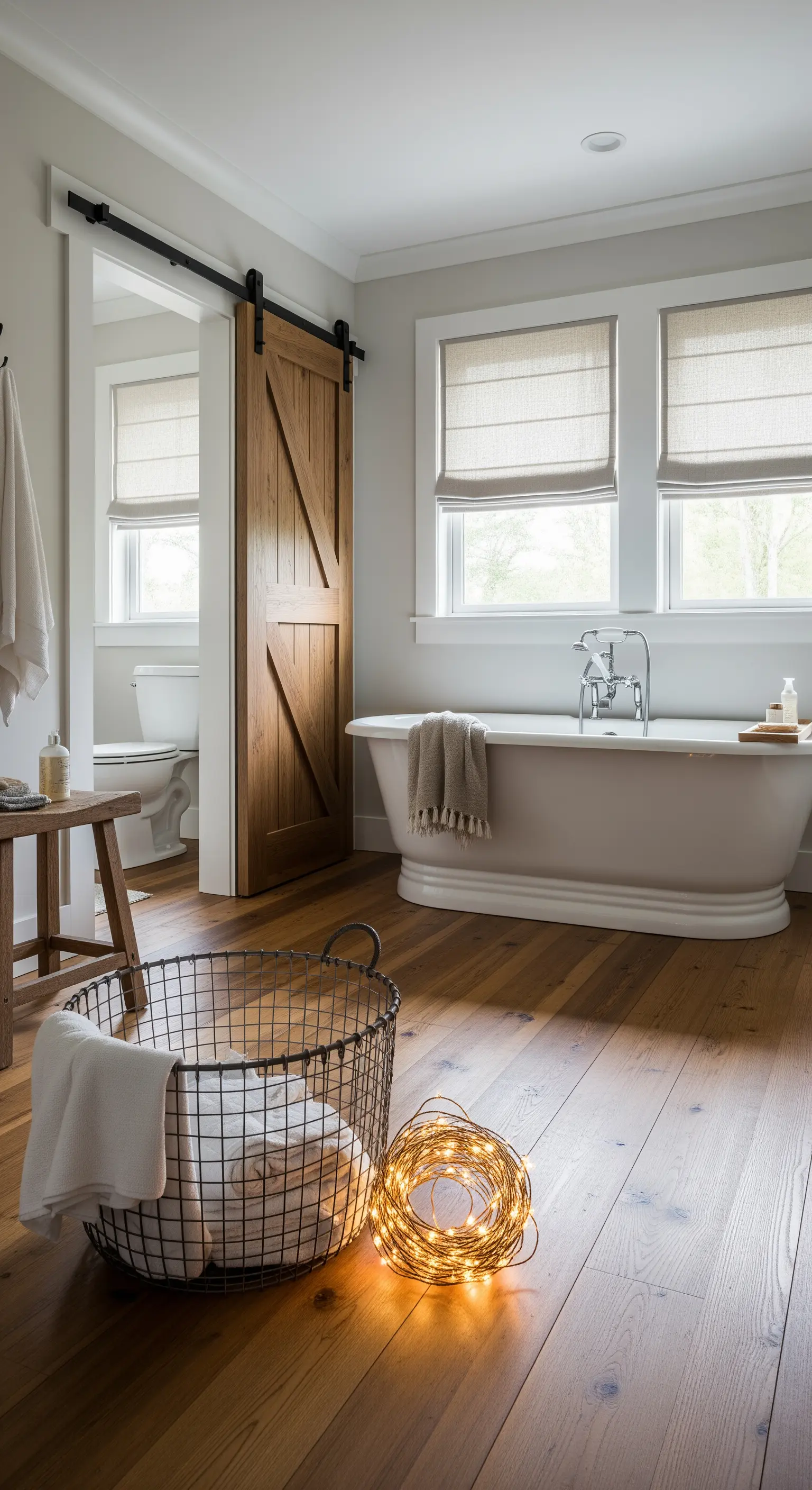 Cesto in filo metallico riempito di lucine accese su un pavimento in legno.