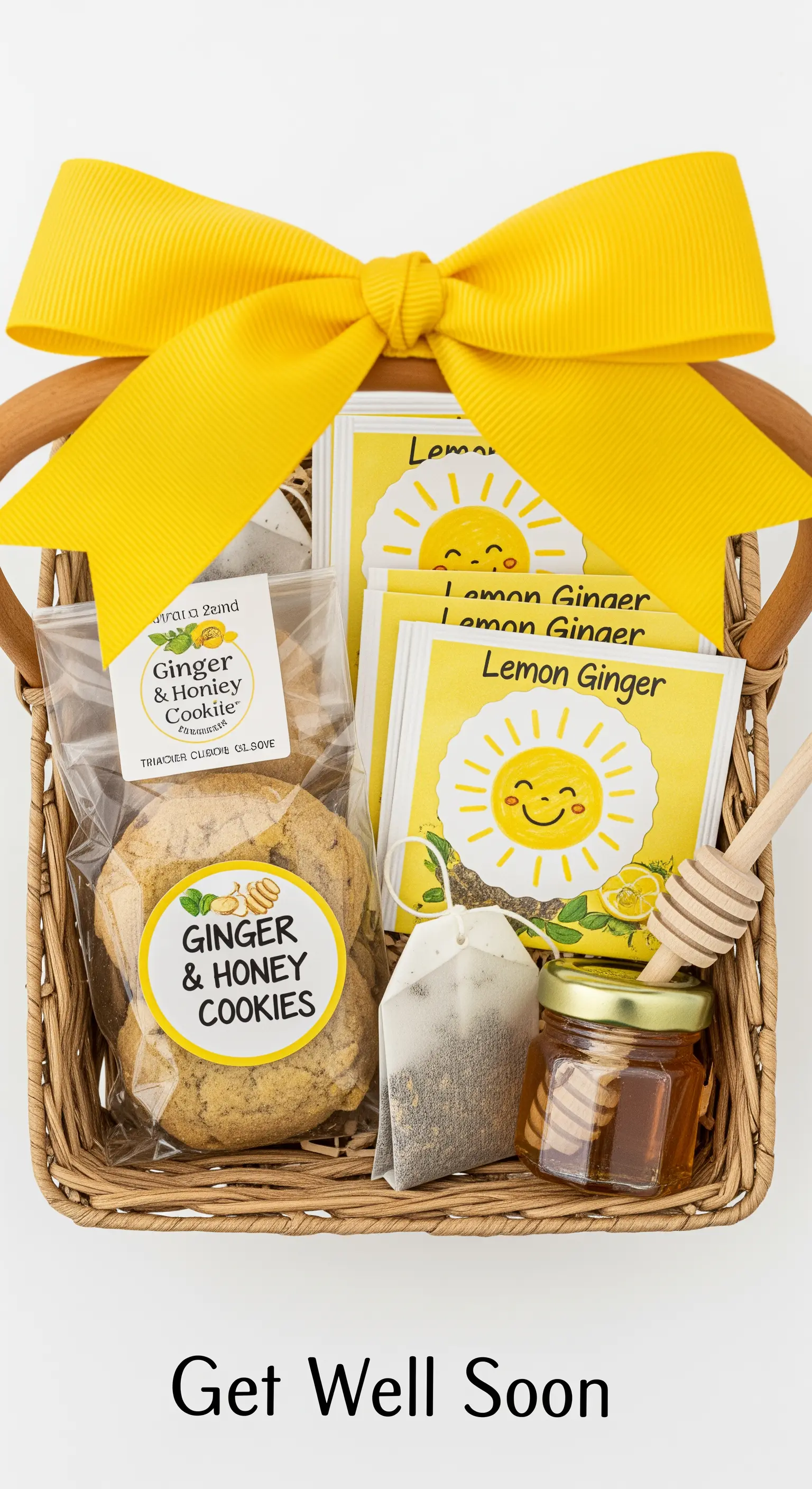 Cesto regalo con biscotti zenzero e miele, tè al limone e un vasetto di miele.