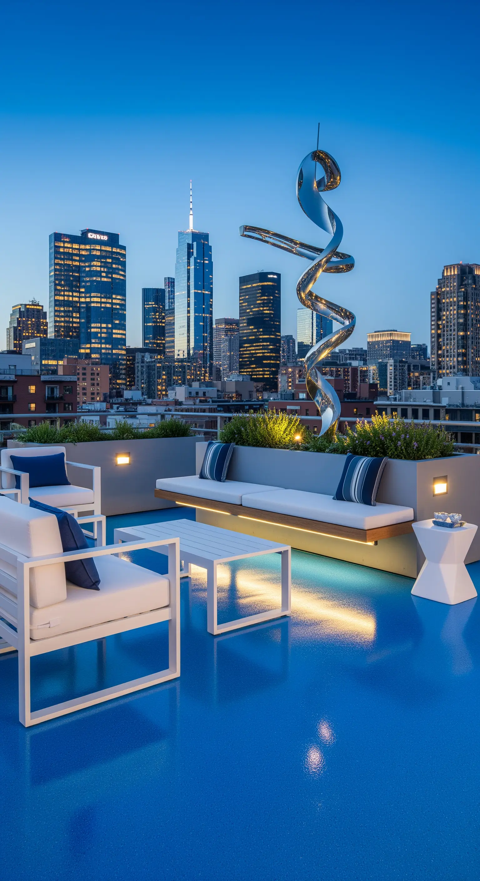 Terrazza panoramica con pavimento in resina blu acceso e scultura a spirale in metallo.