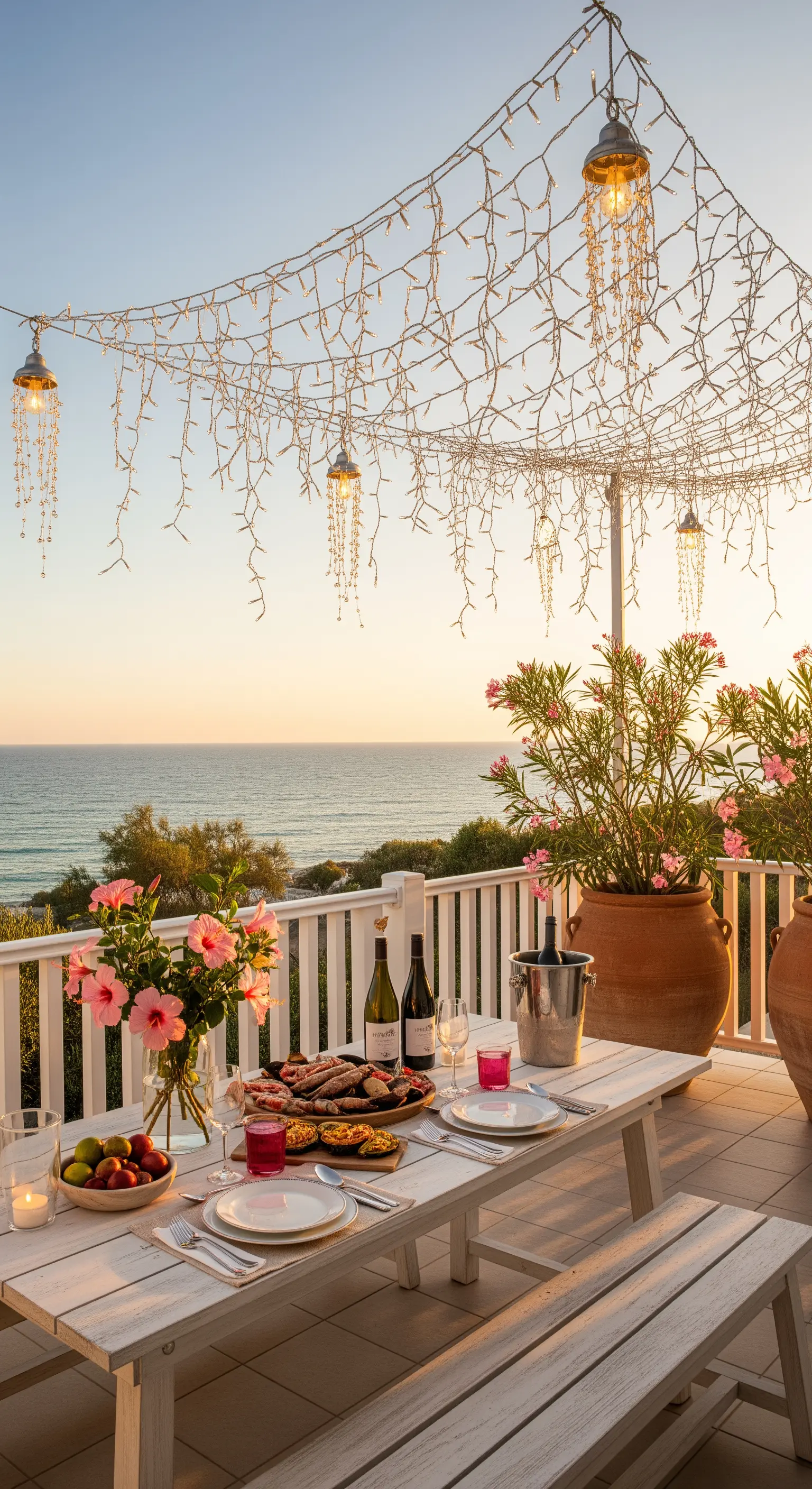 Terrazza vista mare con una rete di lucine sospesa sopra un tavolo da picnic bianco