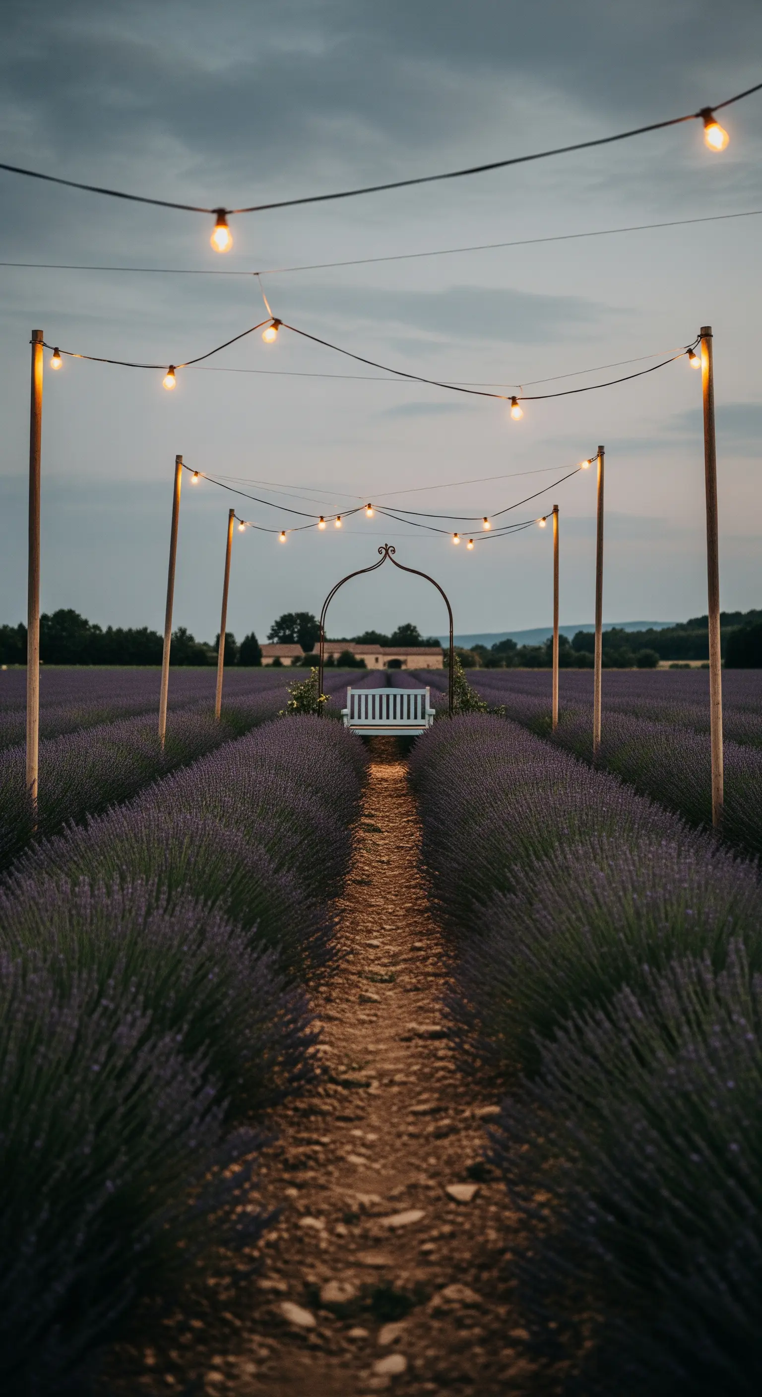 Campo di lavanda al crepuscolo con una panca bianca incorniciata da luci a catenaria.