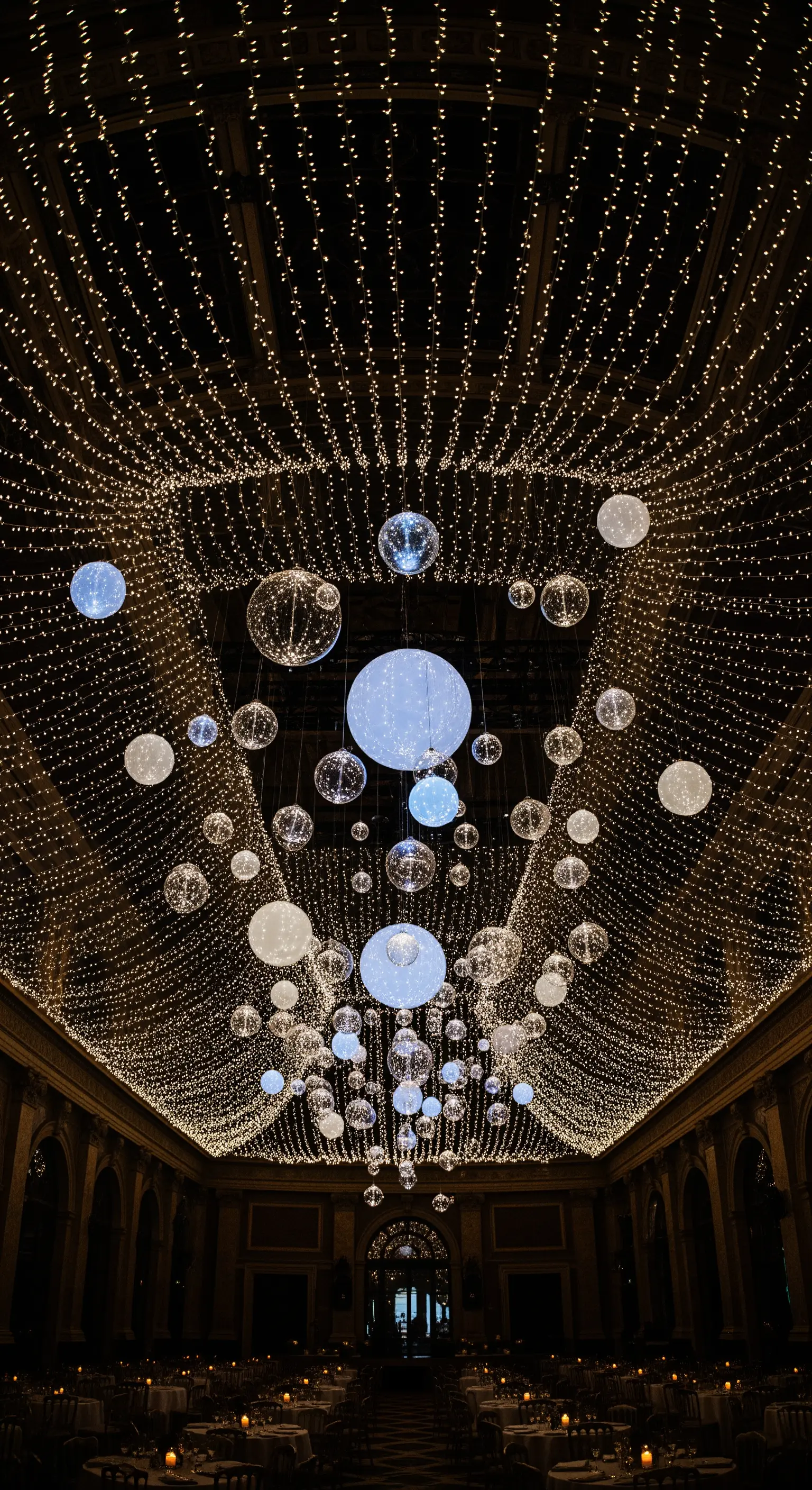 Soffitto di una sala ricevimenti decorato con una cascata di lucine e sfere luminose sospese.