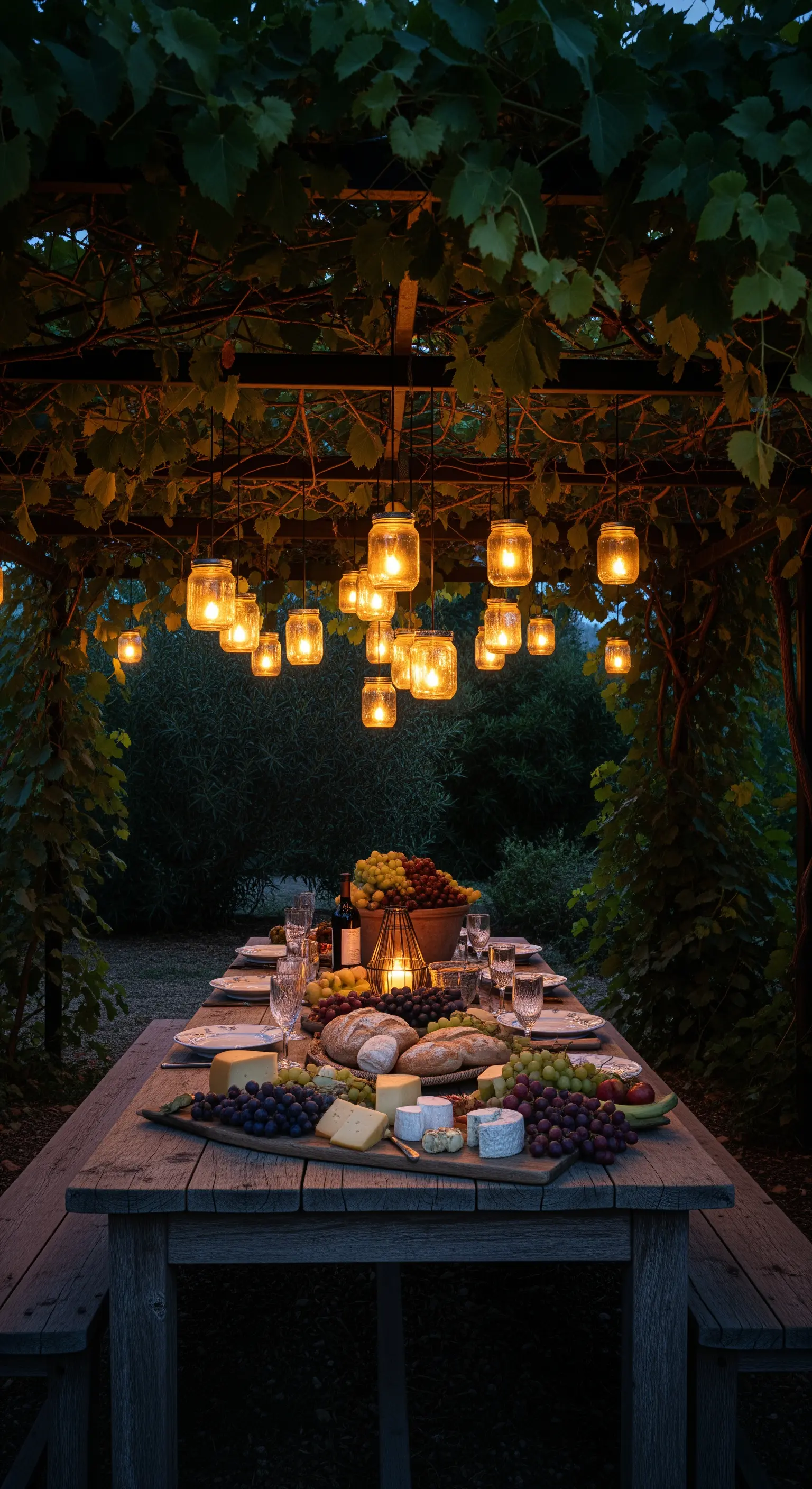 Tavolo da pranzo illuminato da un cluster di barattoli di vetro con luci calde.