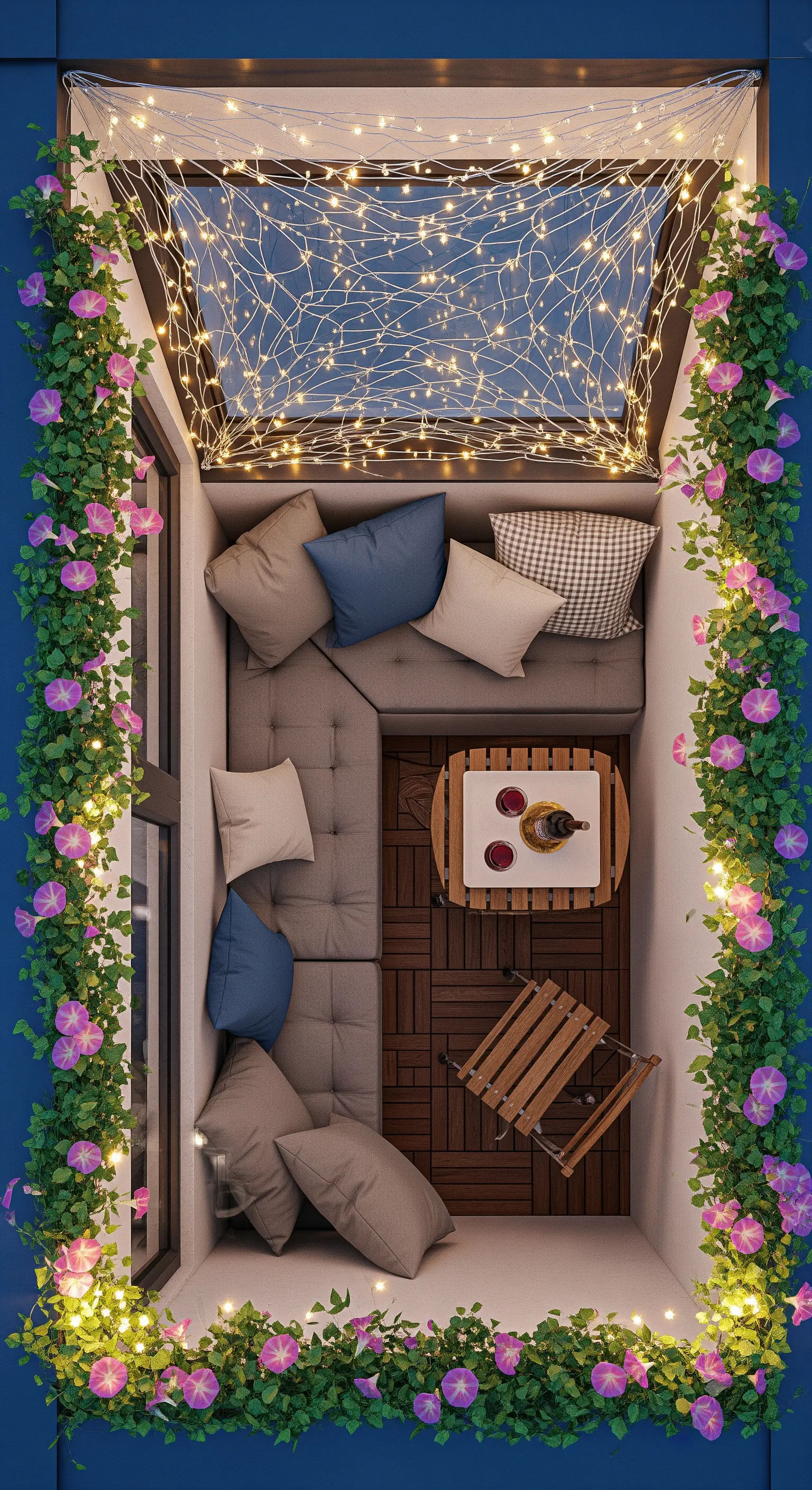 Vista dall'alto di un piccolo balcone con divano a L, incorniciato da piante rampicanti e un tetto di lucine