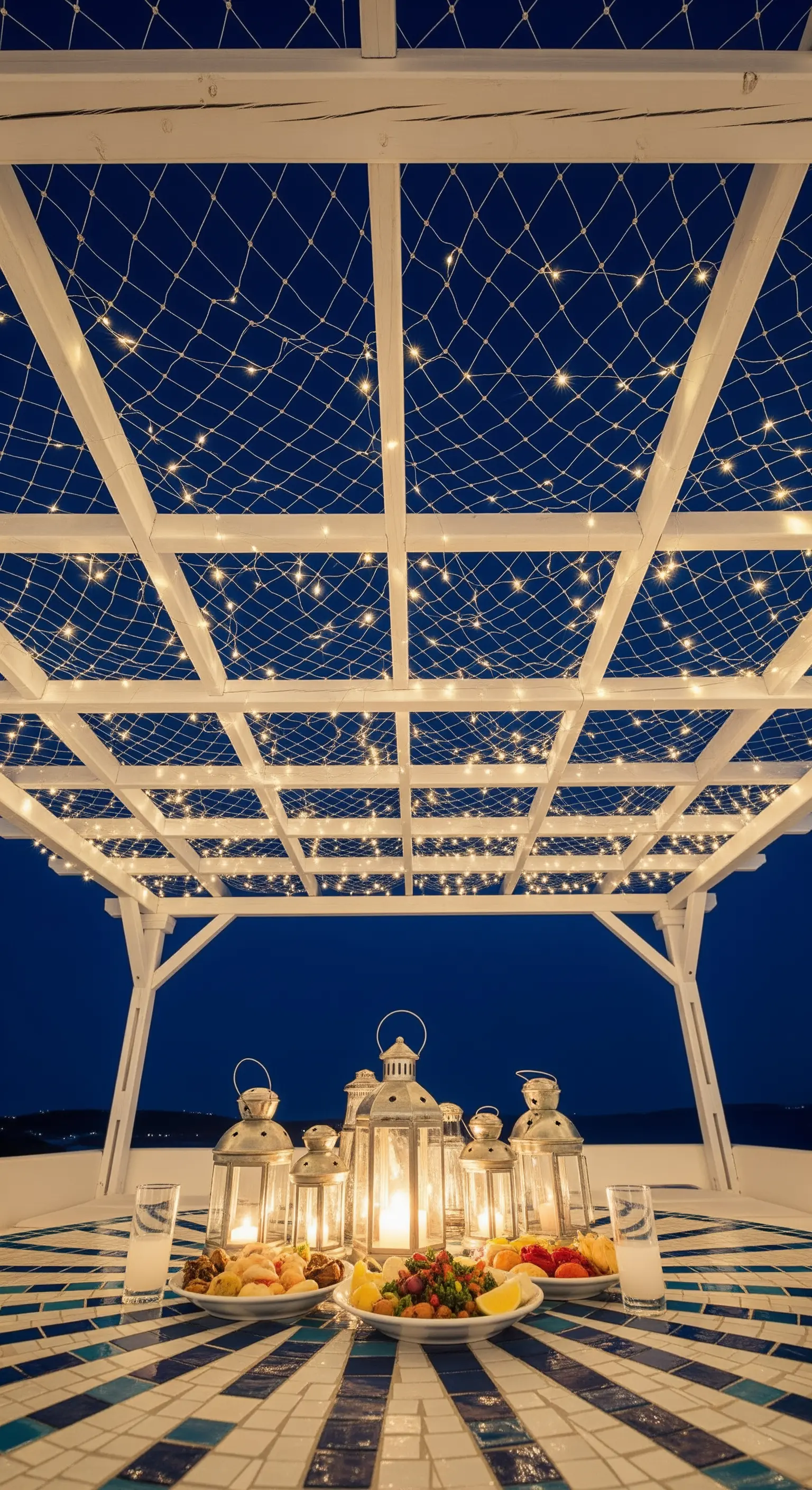 Pergola bianca con una rete di lucine che crea un effetto cielo stellato sopra un tavolo in mosaico