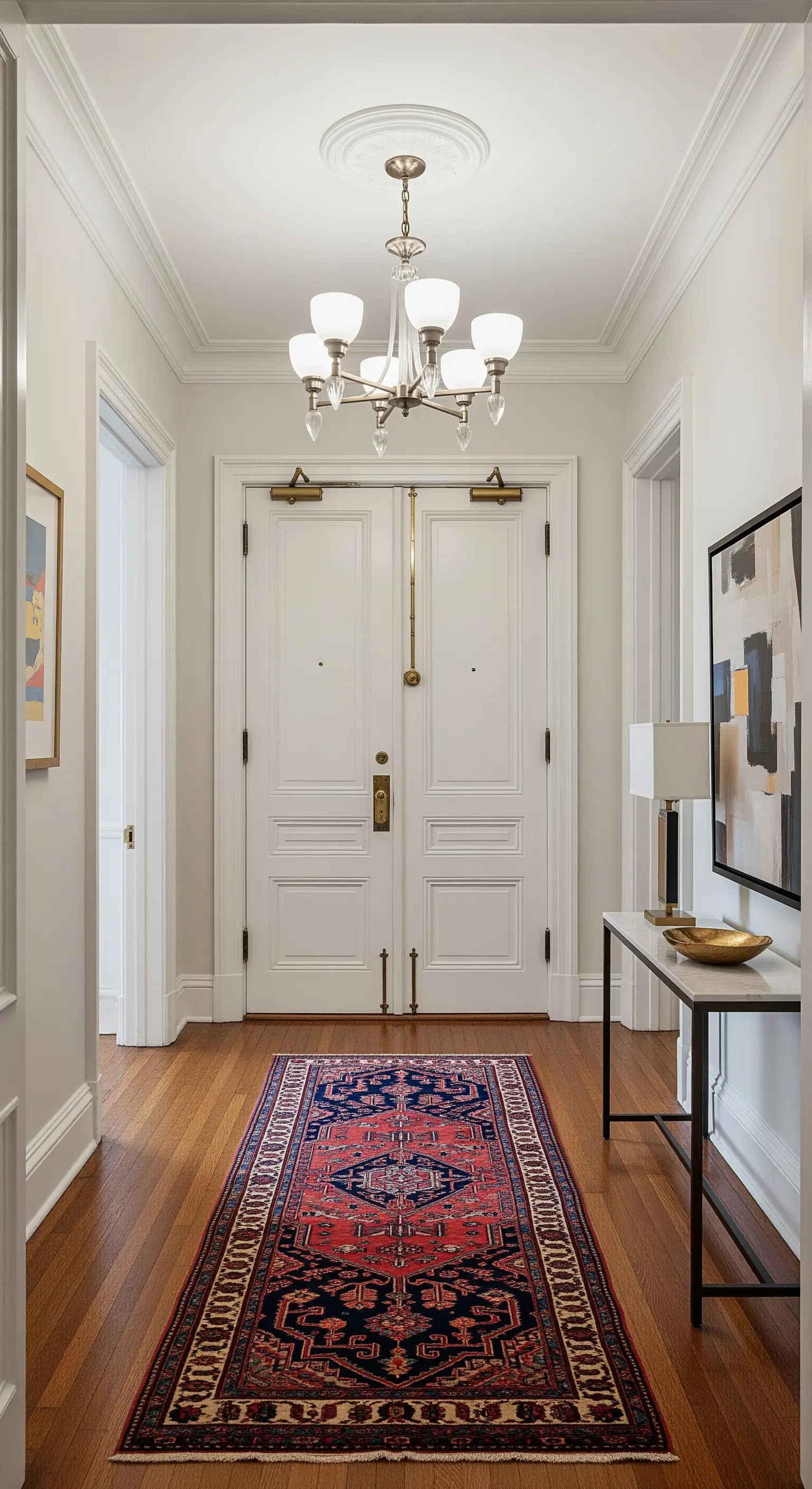 Corridoio d'ingresso tradizionale con porte bianche, runner persiano e lampadario semplice.