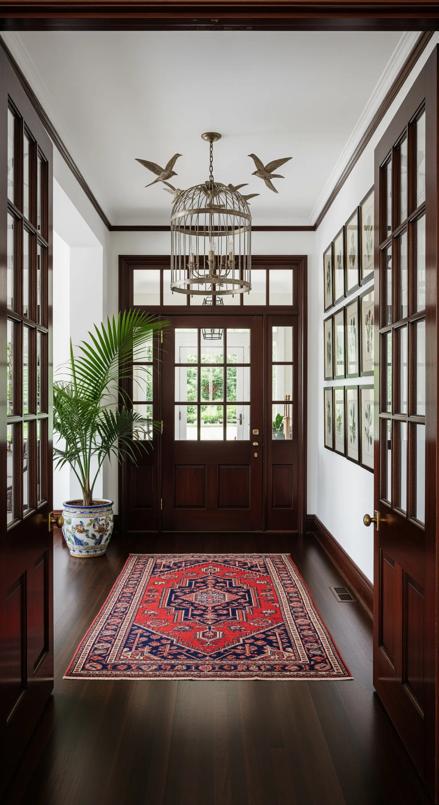 Ingresso tradizionale con porte in mogano, tappeto persiano e lampadario a forma di gabbia.