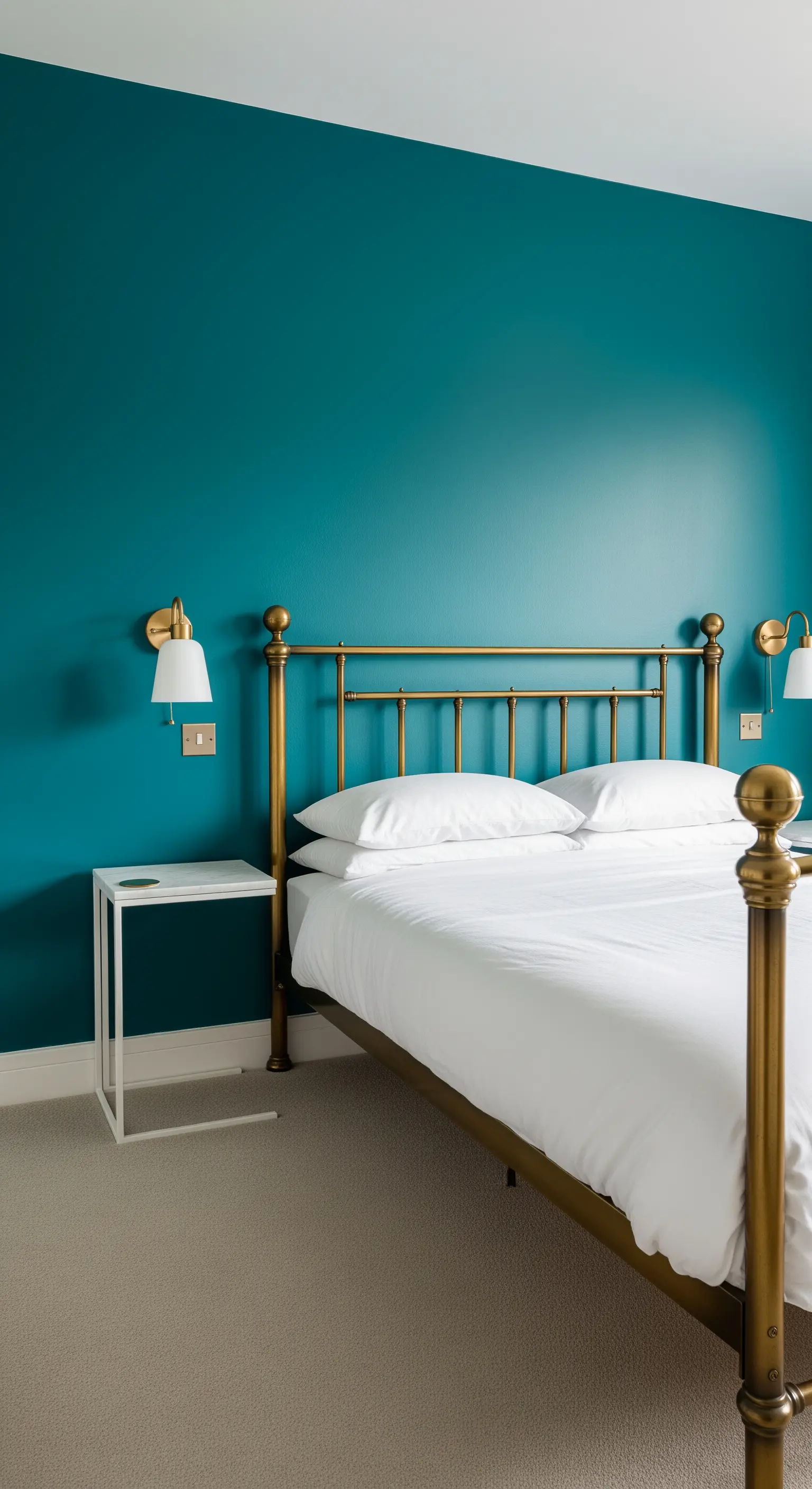 Letto in ottone in stile vintage contro una parete color ottanio intenso, con applique moderne.