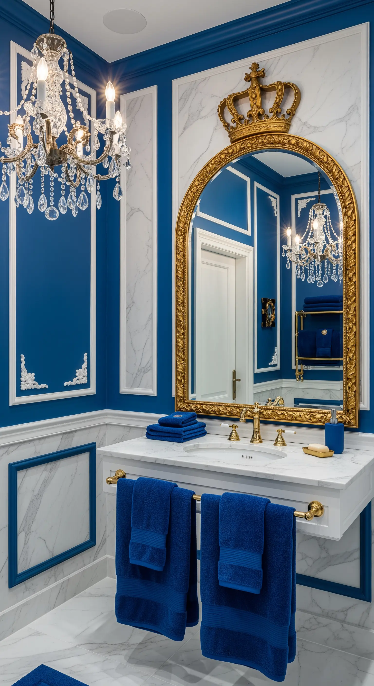 Bagno con pareti blu cobalto e boiserie bianca, specchio dorato a forma di corona e dettagli classici.