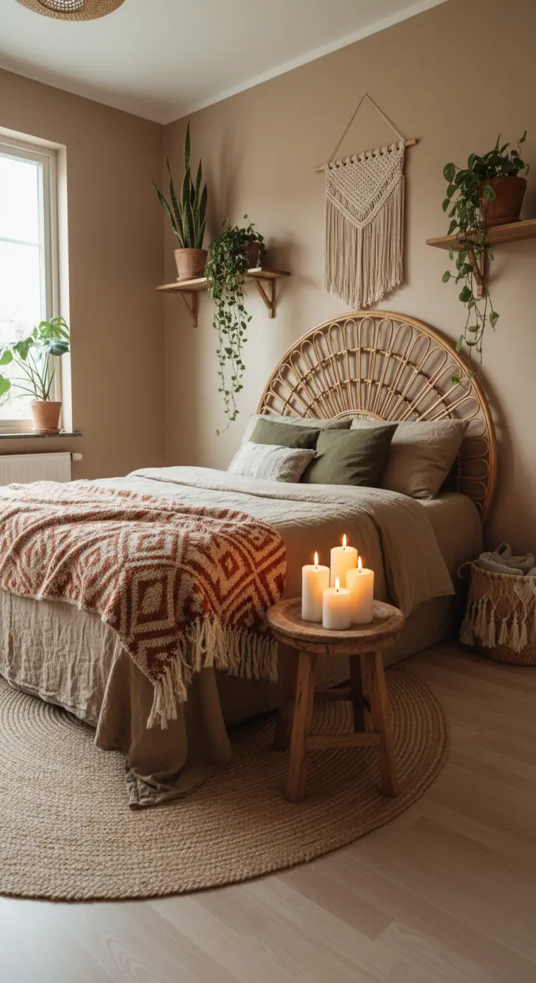 Camera da letto boho-scandinava con testiera in rattan e uno sgabello in legno come comodino con candele.