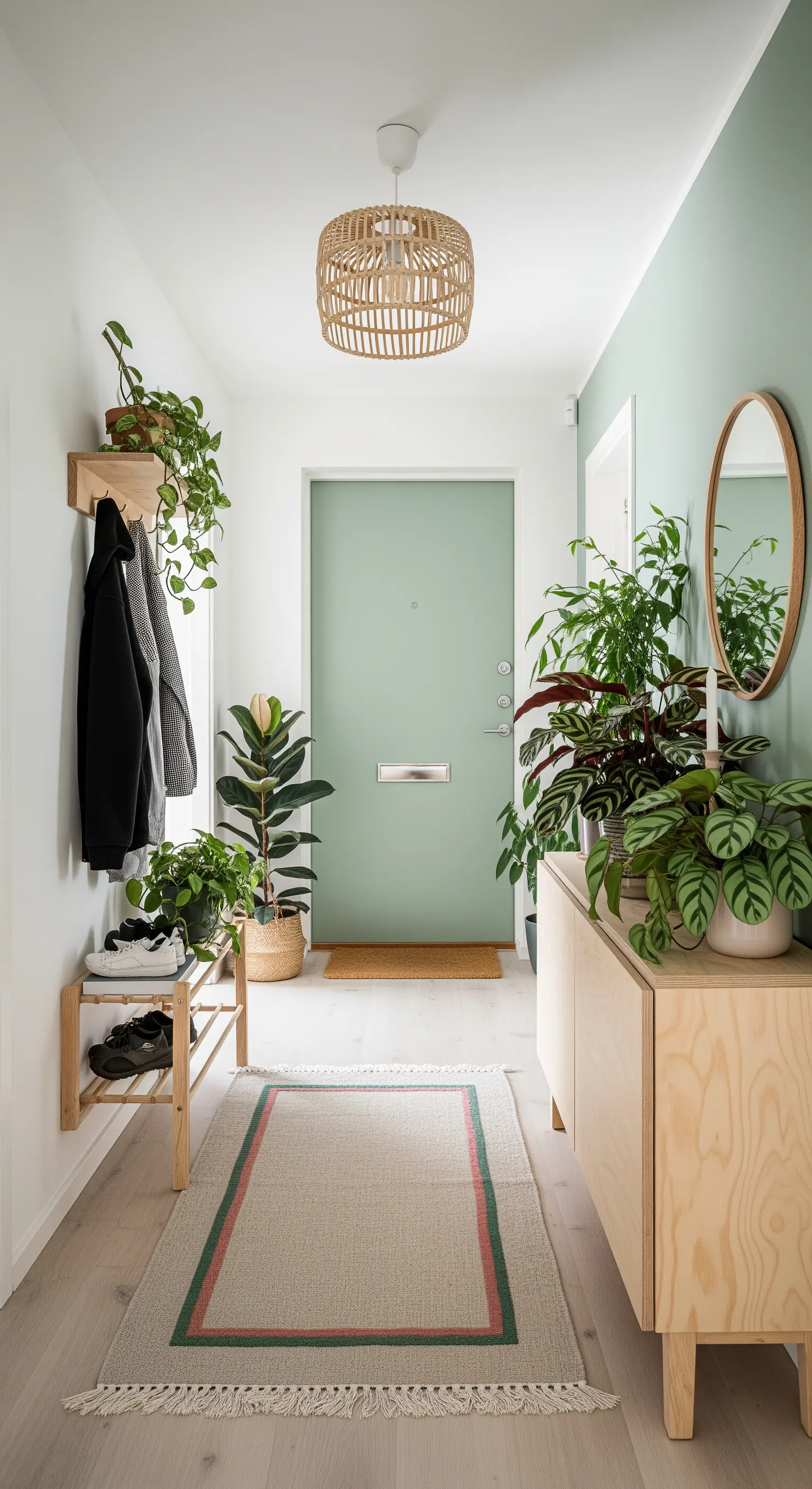 Corridoio d'ingresso con parete verde salvia, mobili in legno chiaro e tante piante.