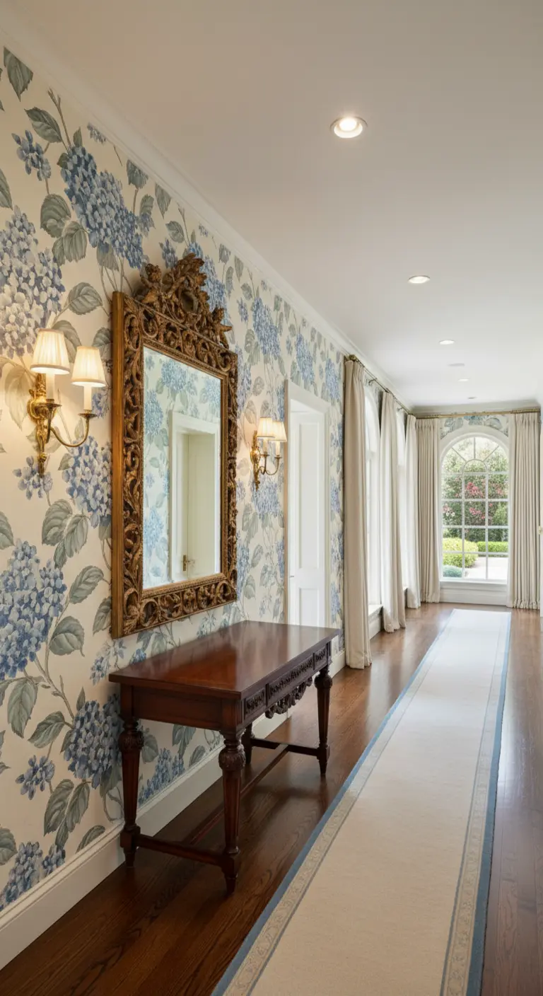Lungo corridoio con carta da parati a ortensie blu, console classica e specchio dorato ornato.