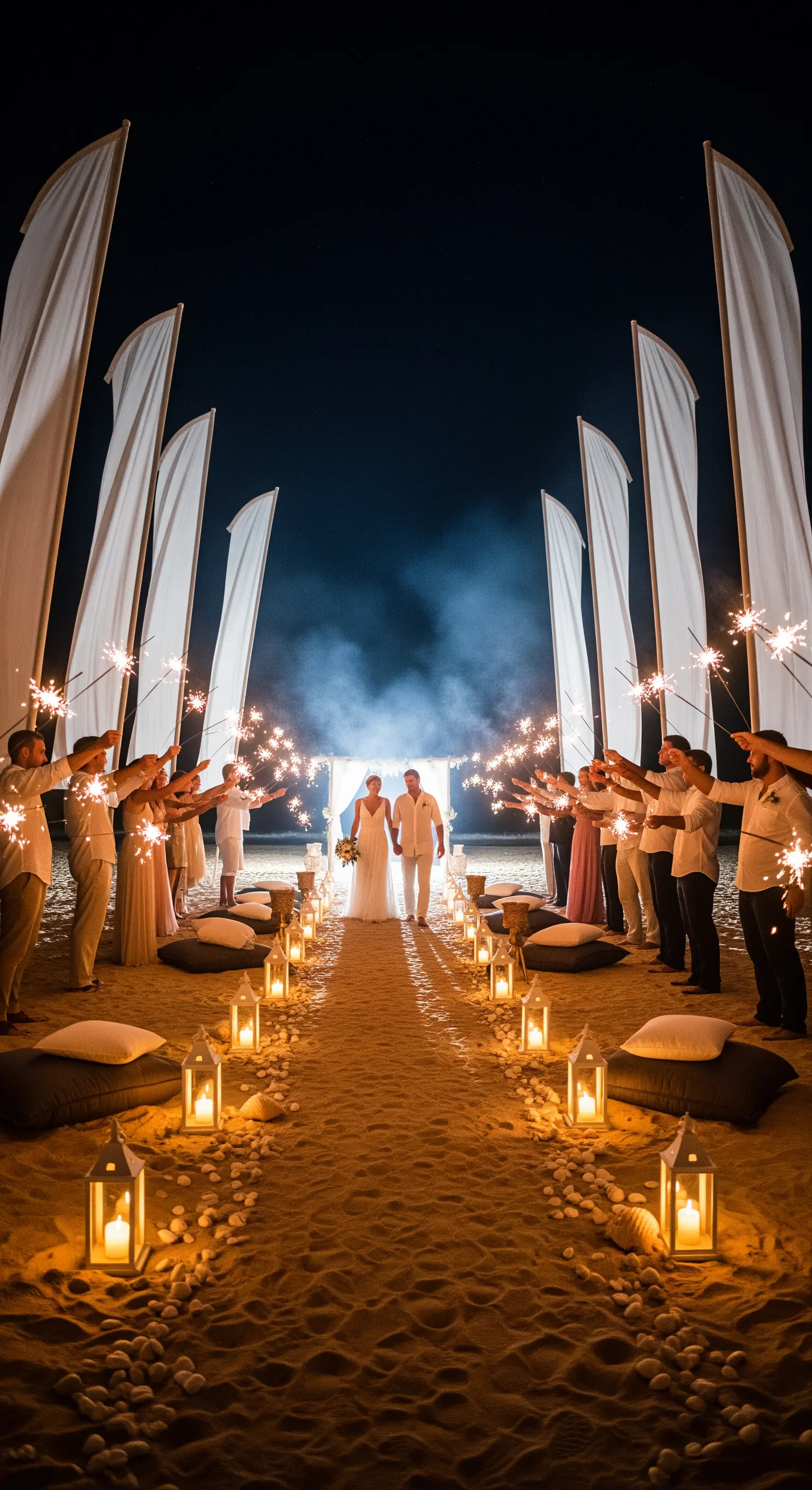Uscita degli sposi da un matrimonio sulla spiaggia attraverso un corridoio di stelle filanti.