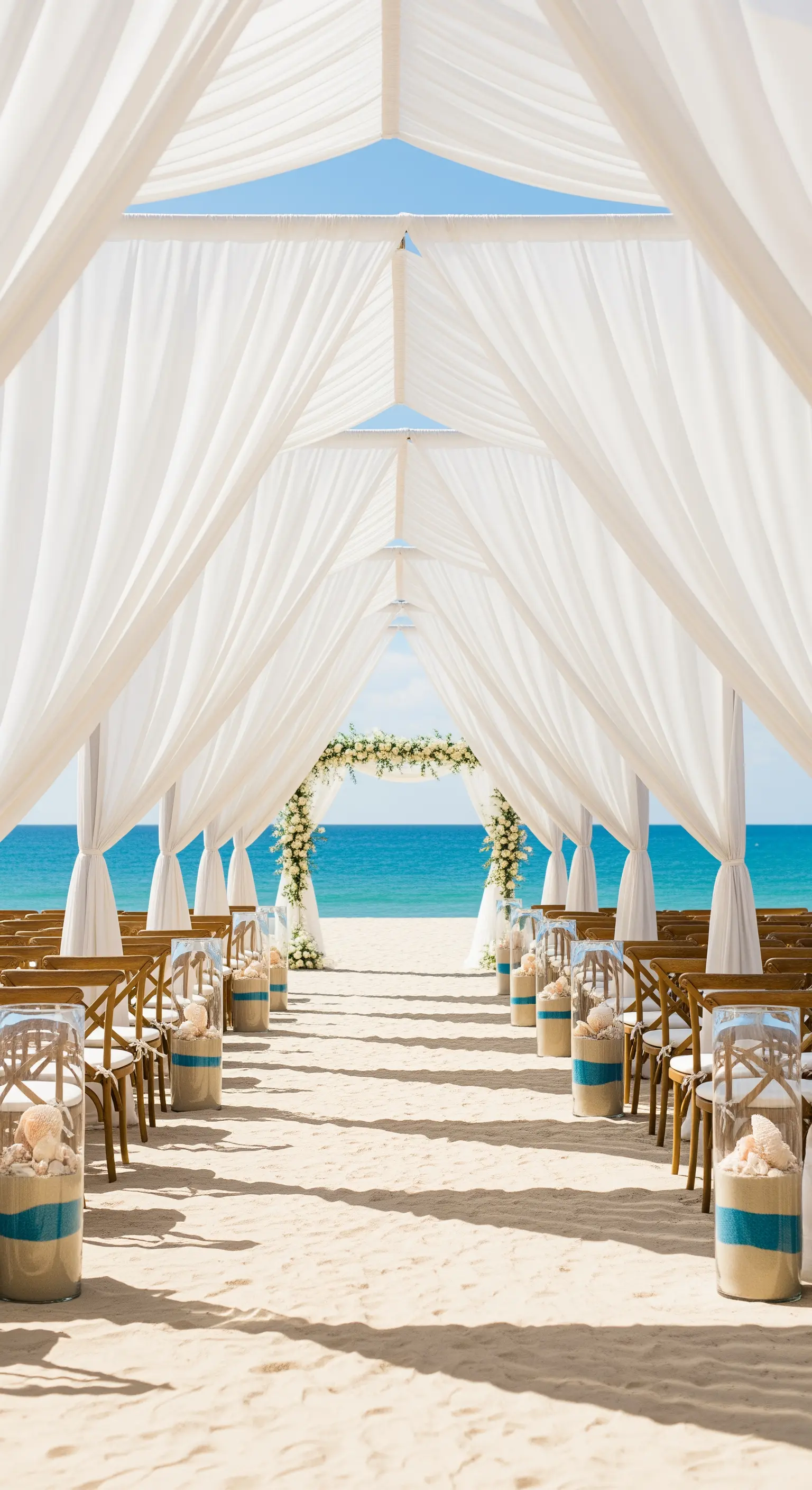 Navata per matrimonio sulla spiaggia con sedie in legno e un tunnel di tende bianche.