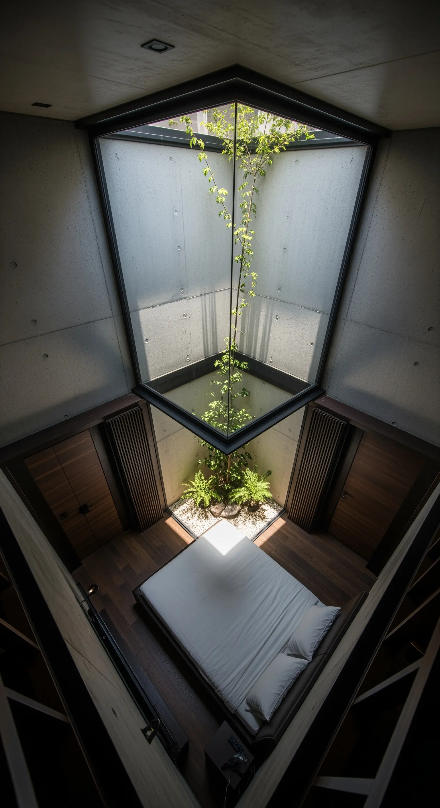 Camera da letto minimalista con lucernario a corte interna e pareti in cemento.
