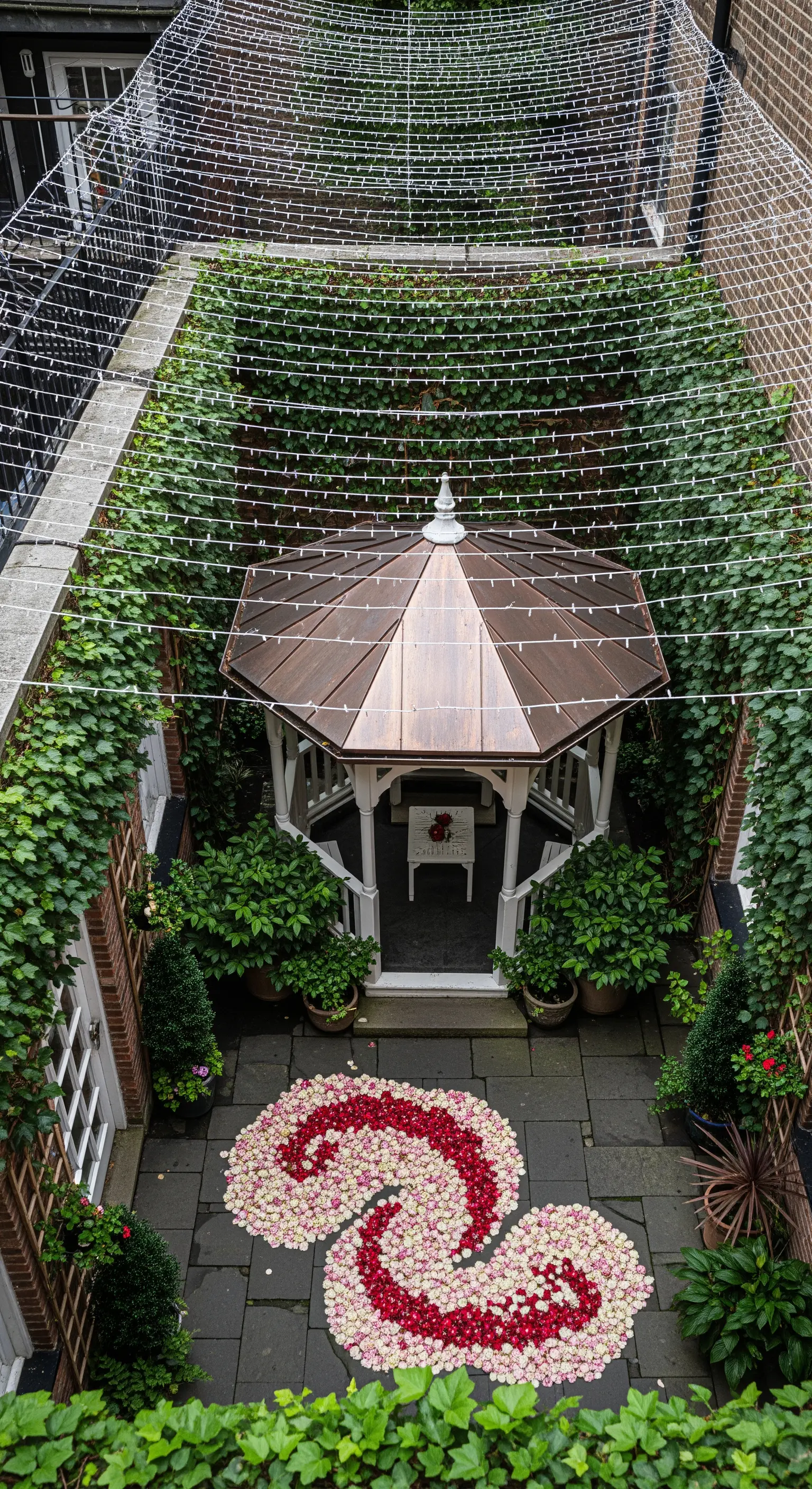 Cortile con gazebo dal tetto in rame, rampicanti e petali di rosa a formare una spirale.