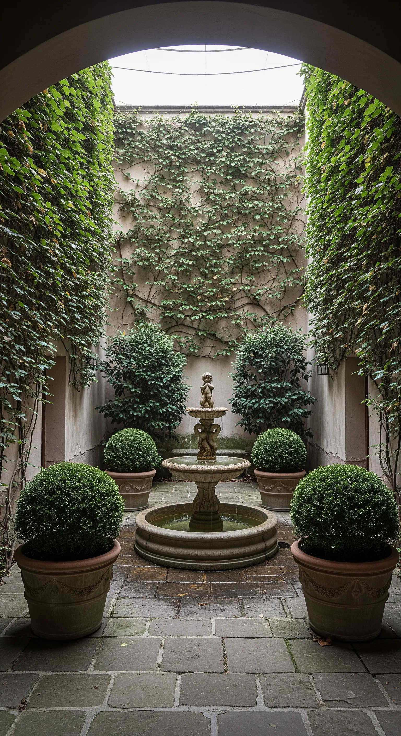 Cortile intimo con fontana centrale, piante in vaso e pareti ricoperte di edera.