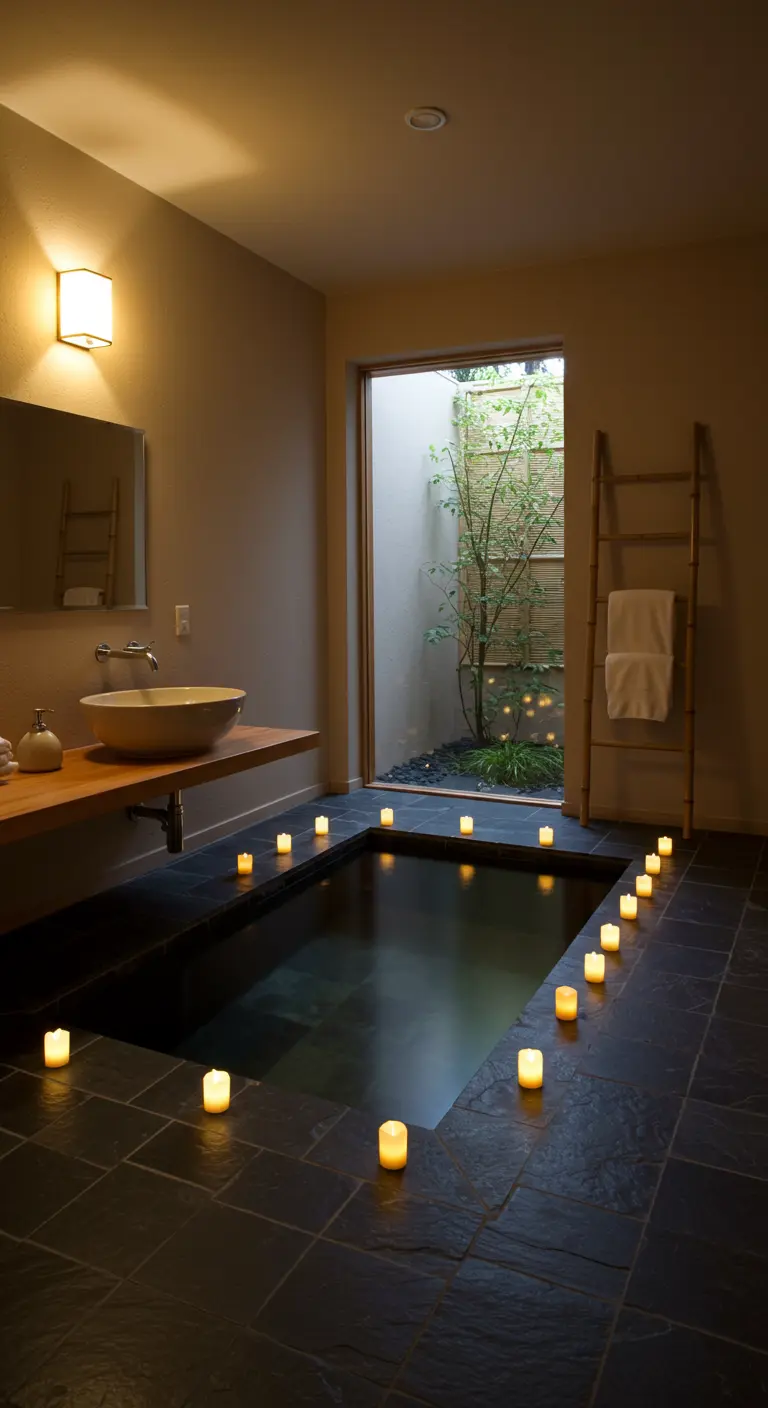 Vasca a incasso a pavimento con vista su un piccolo giardino interno attraverso una porta a vetri.