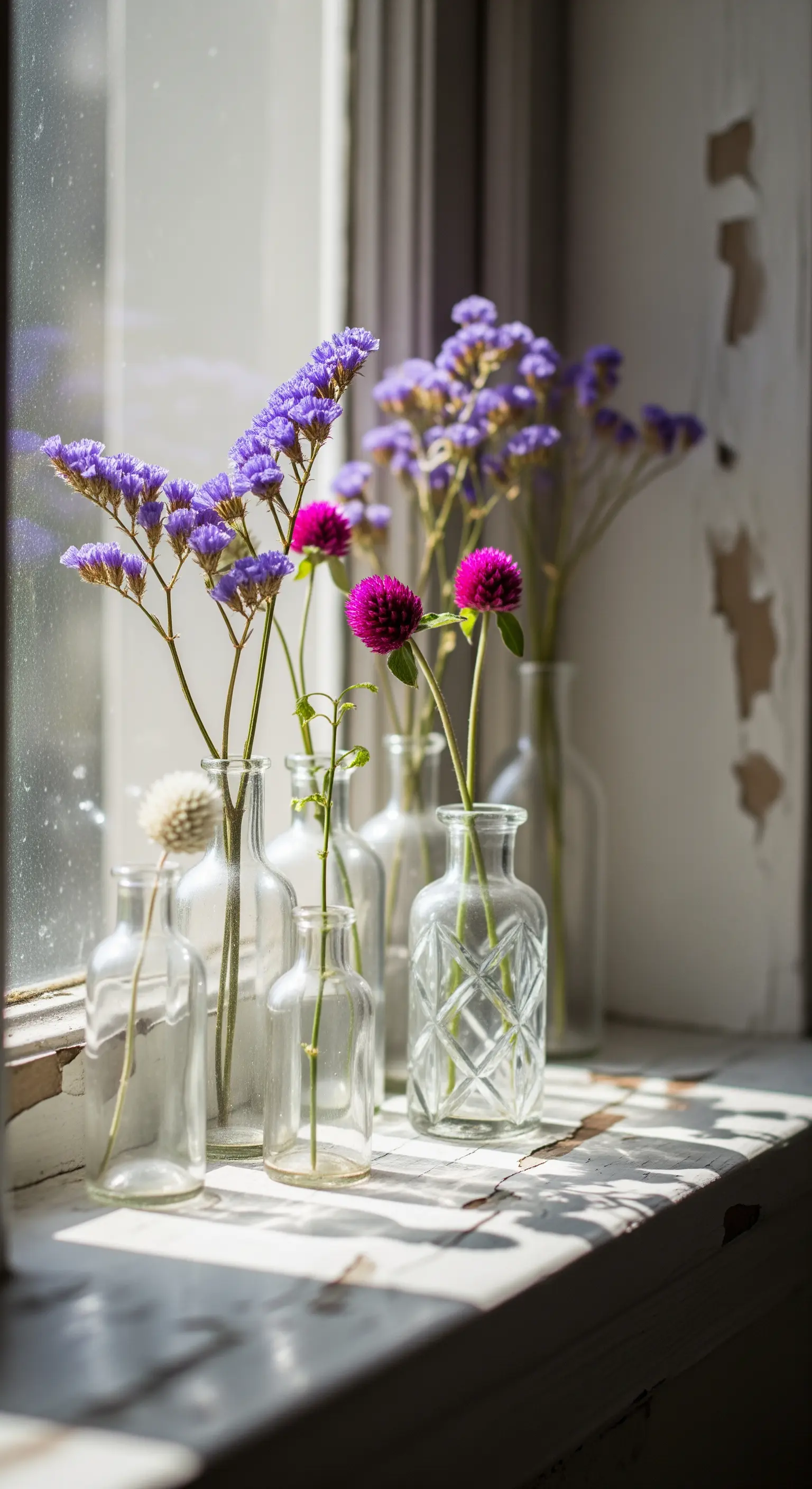 Gruppo di piccole bottiglie di vetro con fiori di campo su un davanzale soleggiato.
