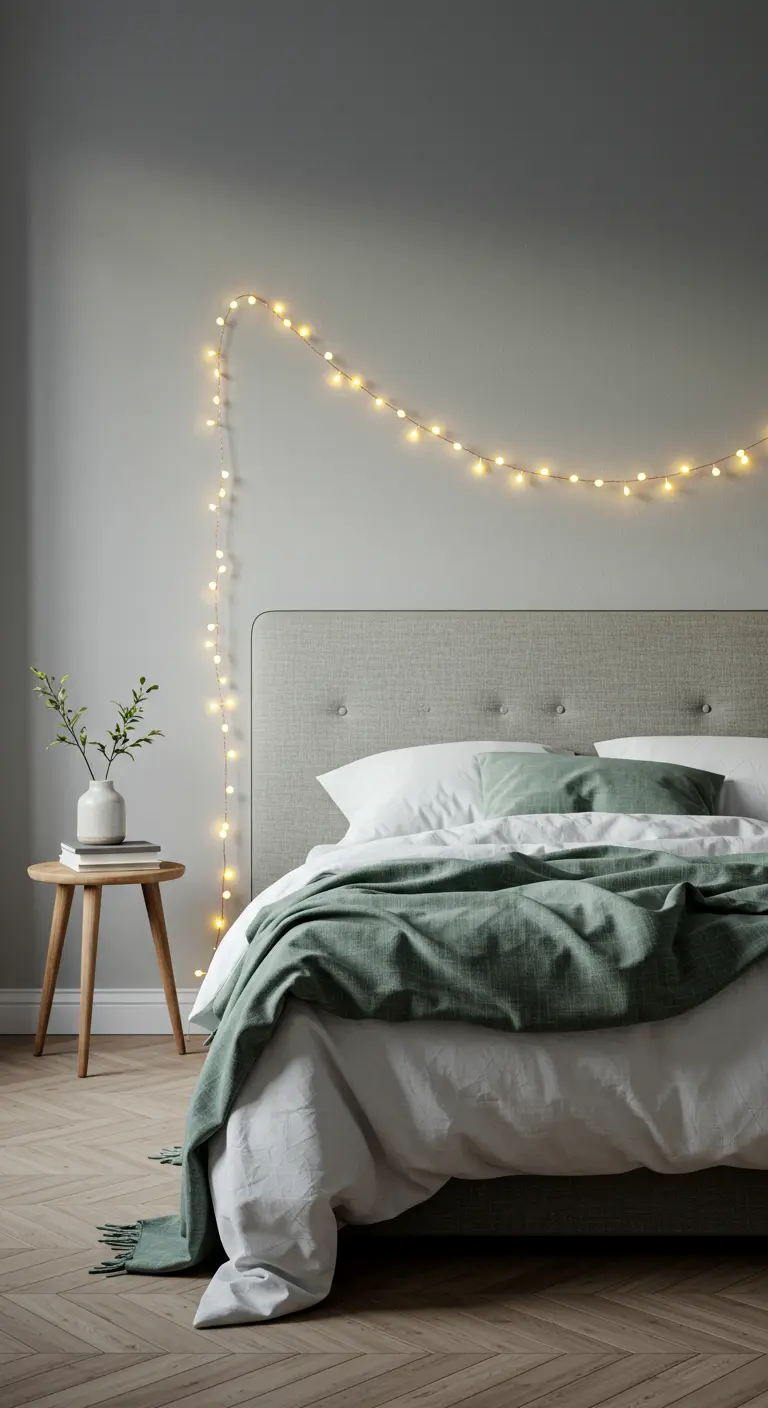 Luci a stringa drappeggiate in una curva morbida sopra una testiera grigia.