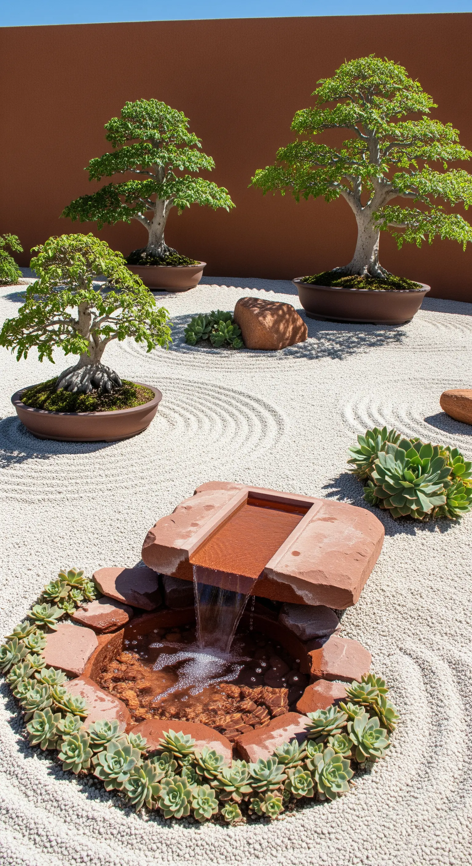 Giardino zen con sabbia color ocra, rocce in terracotta e un'oasi di piante succulente