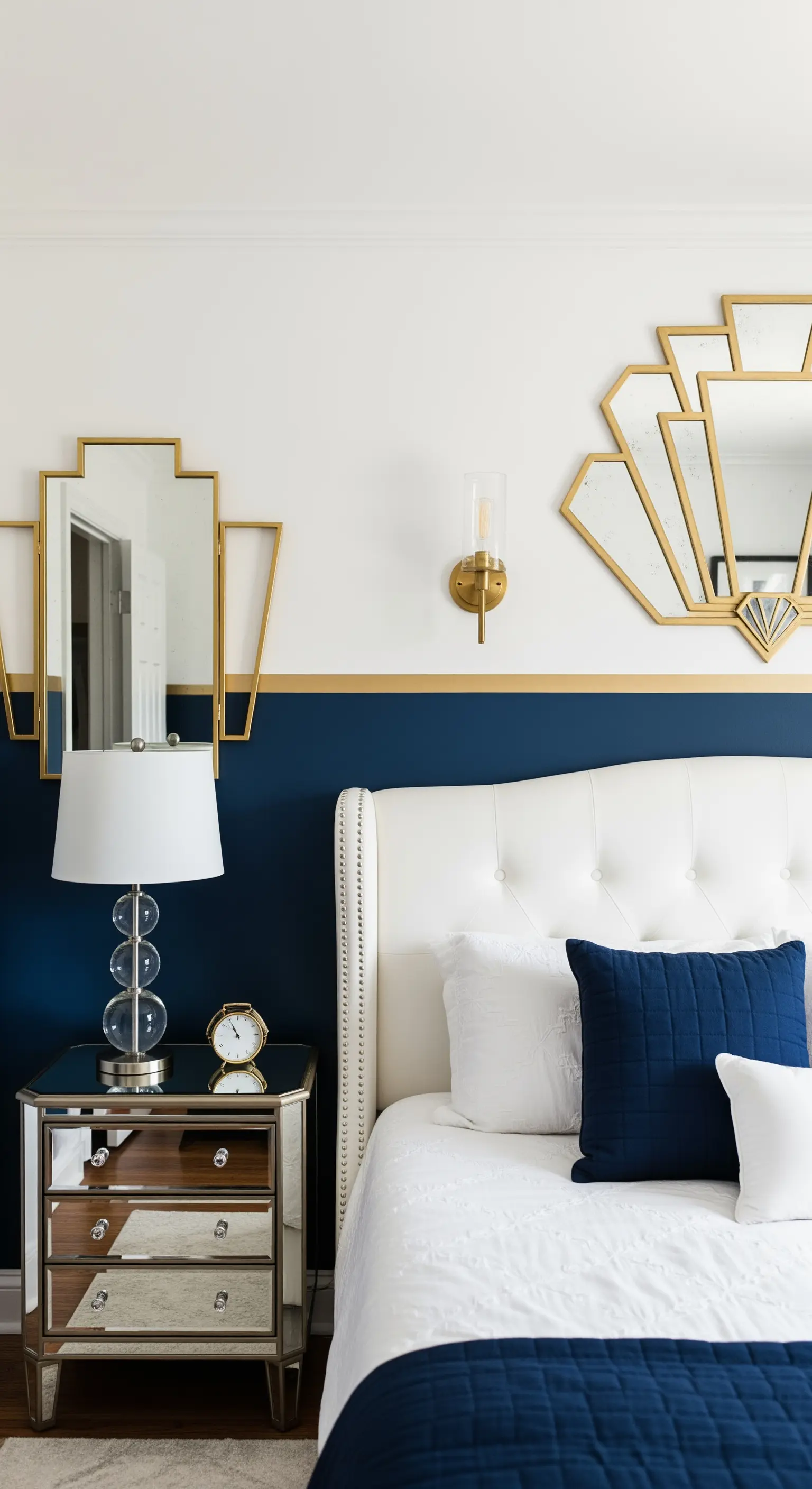 Dettaglio di una camera da letto con parete blu e bianca separata da una striscia dorata.