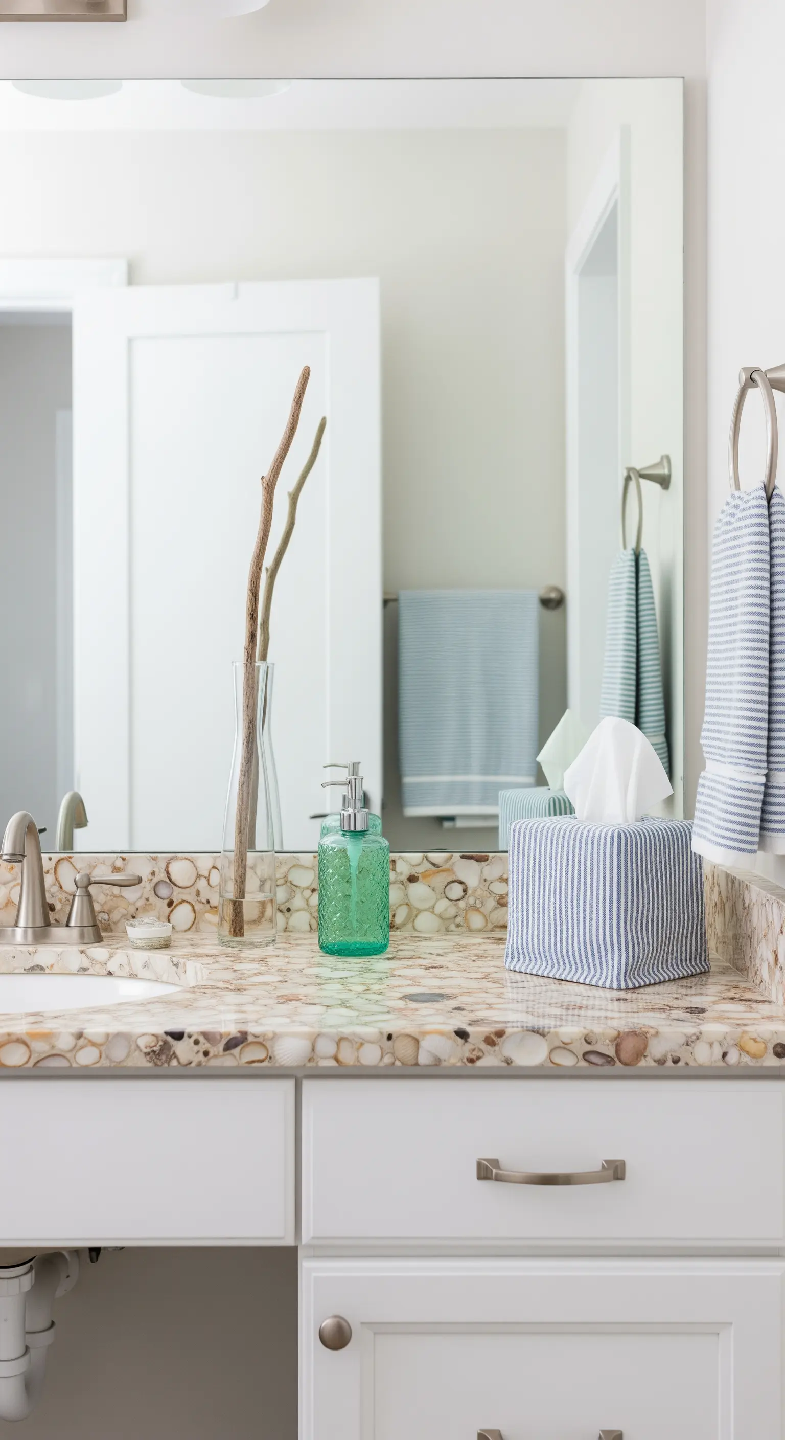 Dettaglio del piano di un lavabo con conchiglie e pietre incastonate nella resina.
