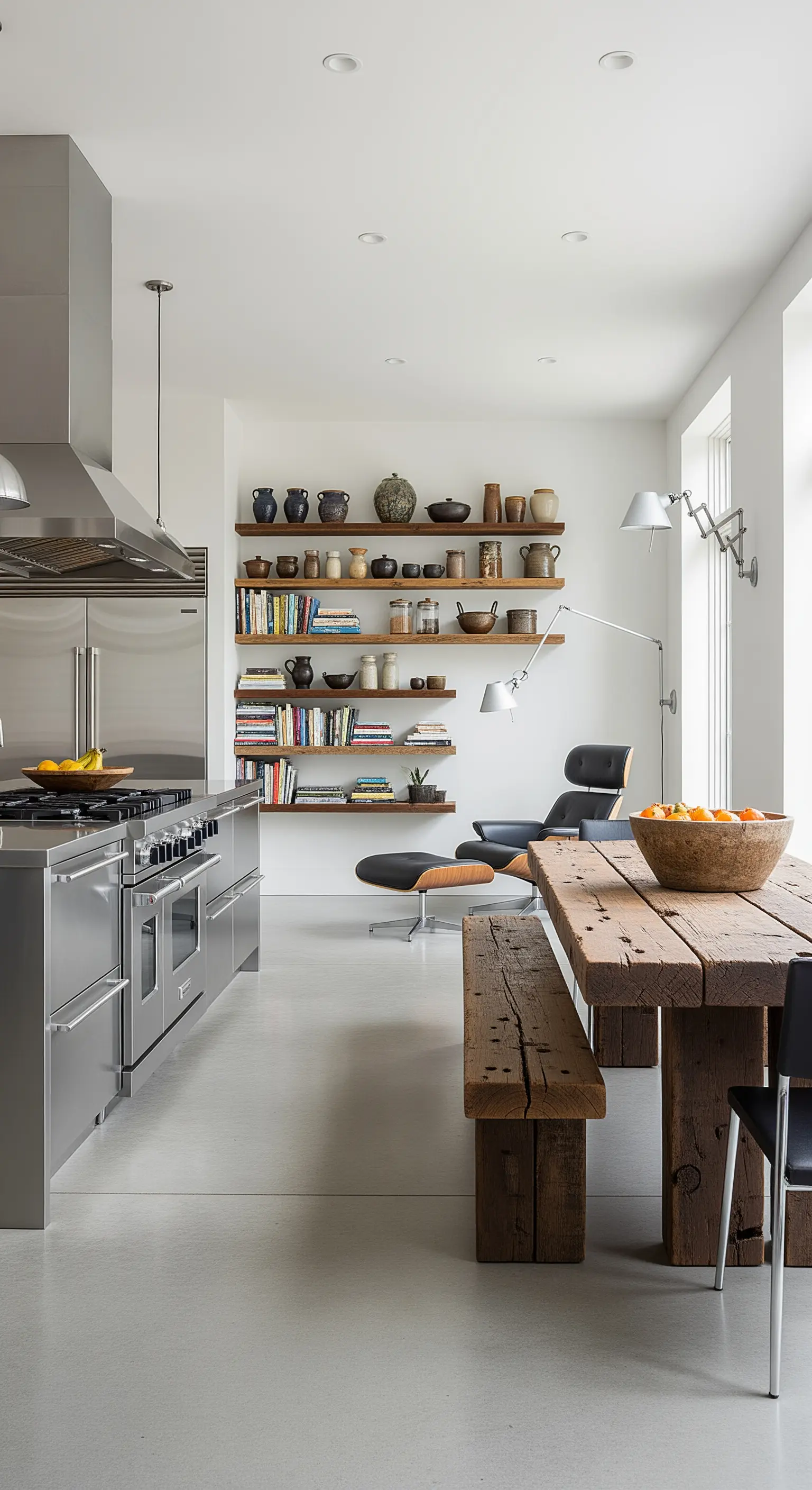 Cucina professionale in acciaio con tavolo in legno di recupero e angolo lettura con poltrona di design.