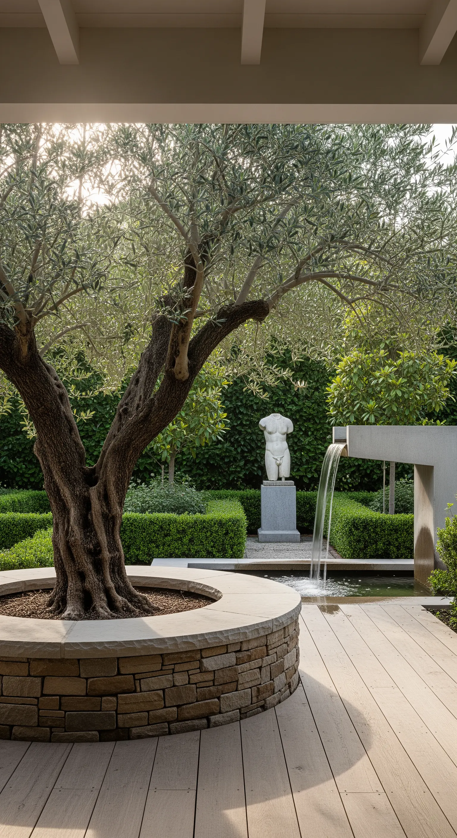 Giardino moderno con ulivo secolare, scultura di un torso e cascata minimalista.