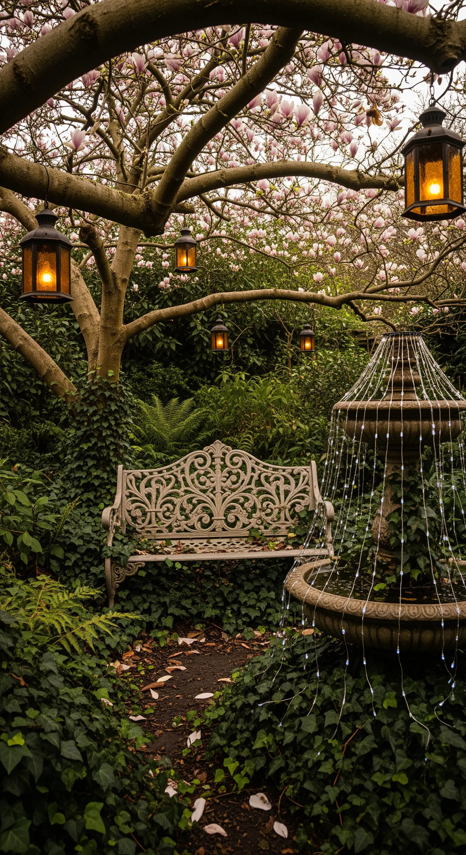 Panca in ferro battuto vicino a una fontana decorata con lucine, sotto un albero con lanterne.